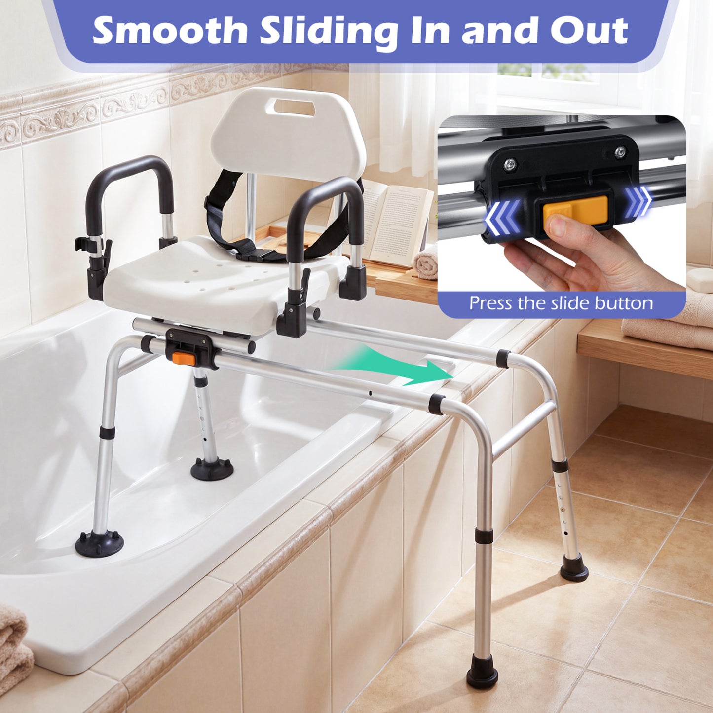 Sliding Shower Chair with Swivel Seat and Backrest