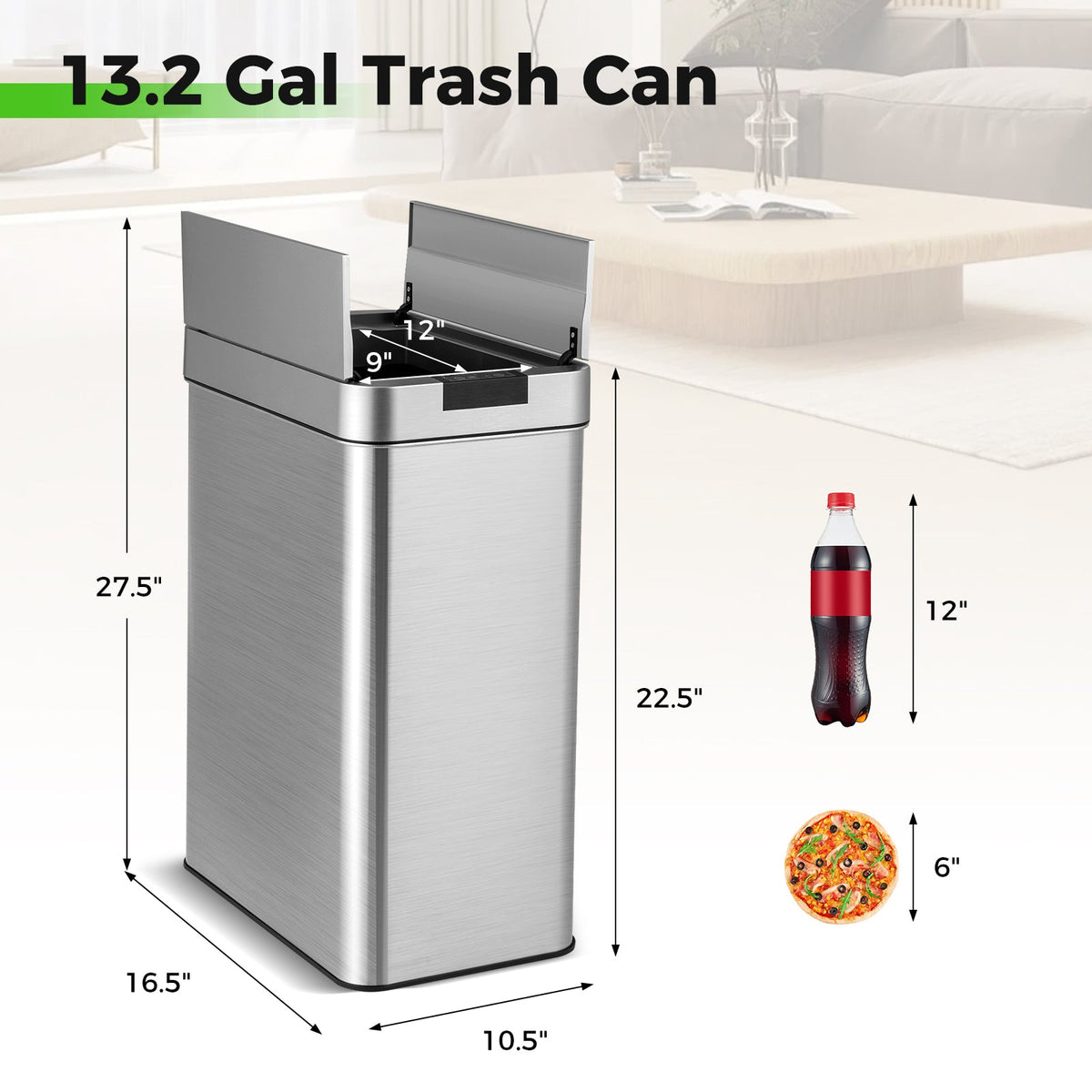 13.2 Gal Slim Kitchen Trash Can with Wing Lids and Stainless Steel Frame