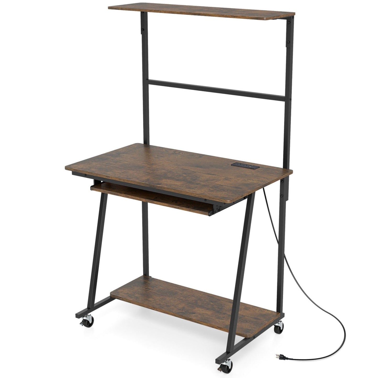 Small Computer Desk with Charging Station and LED Lights and Wheels