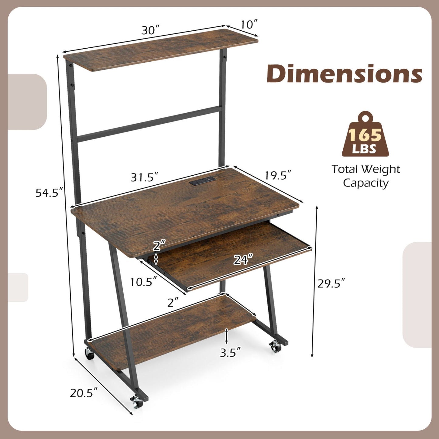 Small Computer Desk with Charging Station and LED Lights and Wheels