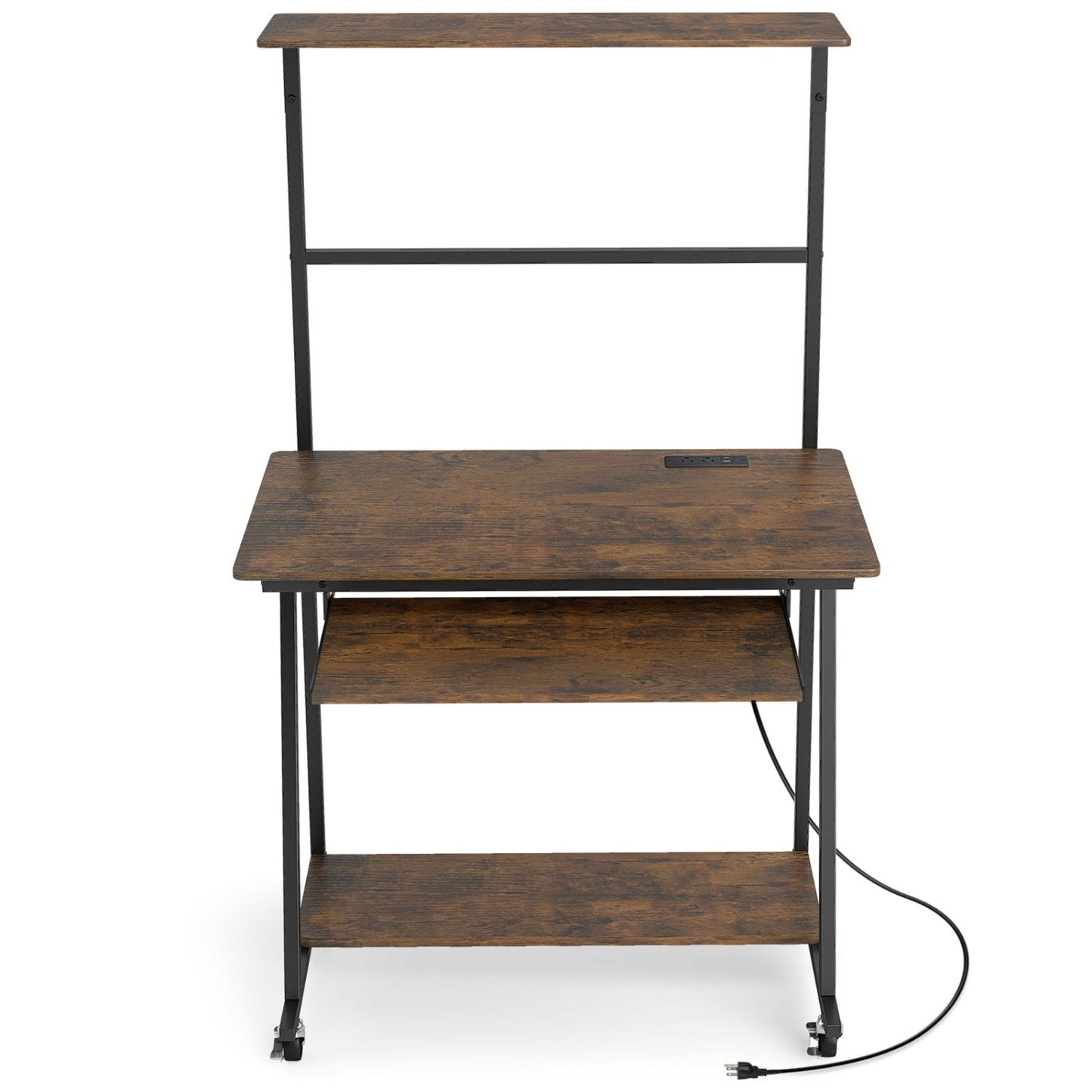 Small Computer Desk with Charging Station and LED Lights and Wheels