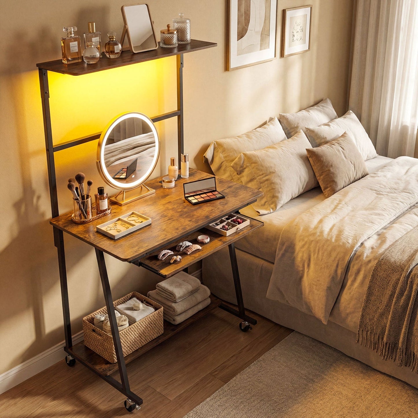 Small Computer Desk with Charging Station and LED Lights and Wheels