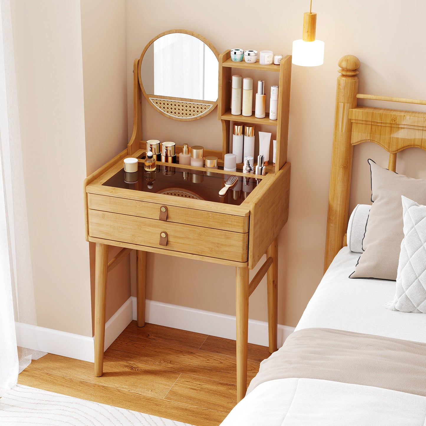 Compact Bamboo Vanity Desk with Mirror 23.5 Inch