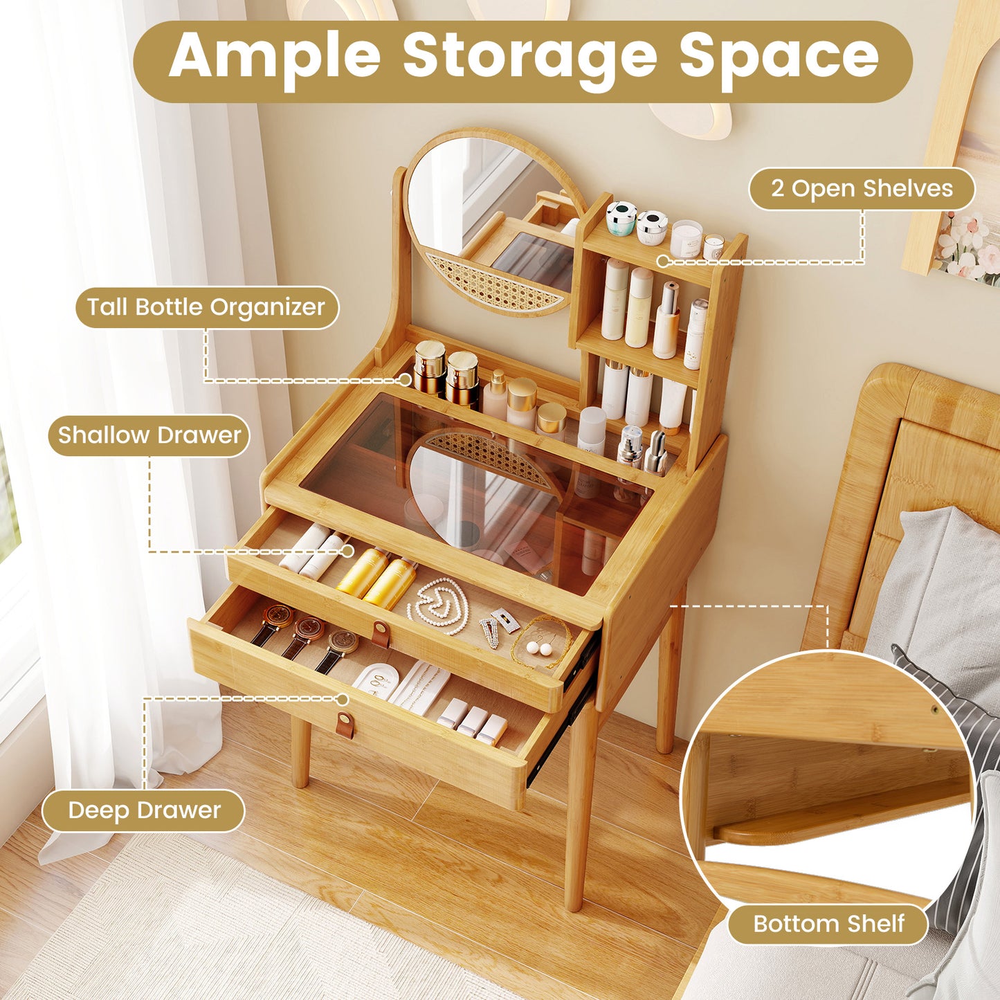 Compact Bamboo Vanity Desk with Mirror 23.5 Inch