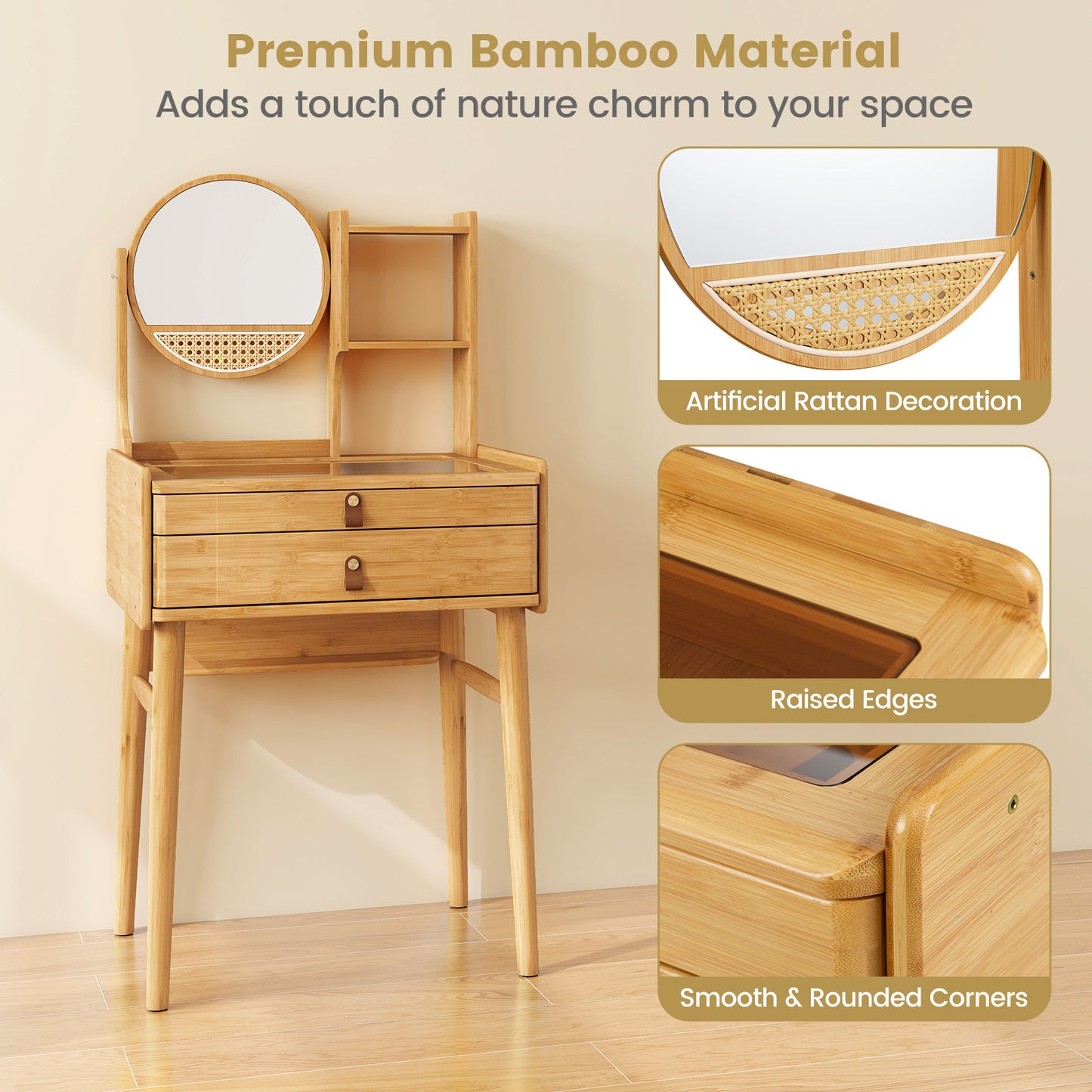 Compact Bamboo Vanity Desk with Mirror 23.5 Inch
