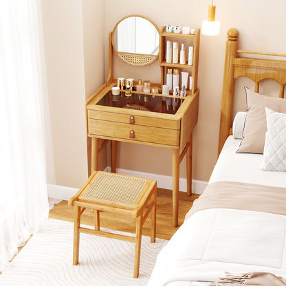 Bamboo Vanity Desk with Mirror, Stool and 2 Drawers