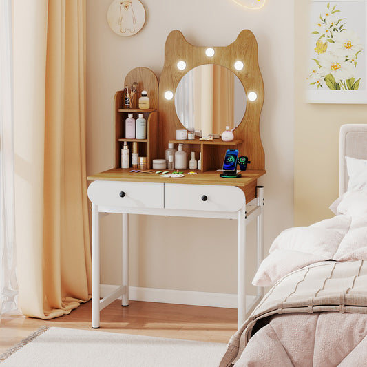 Vanity Desk with Lighted Mirror and Power Outlets