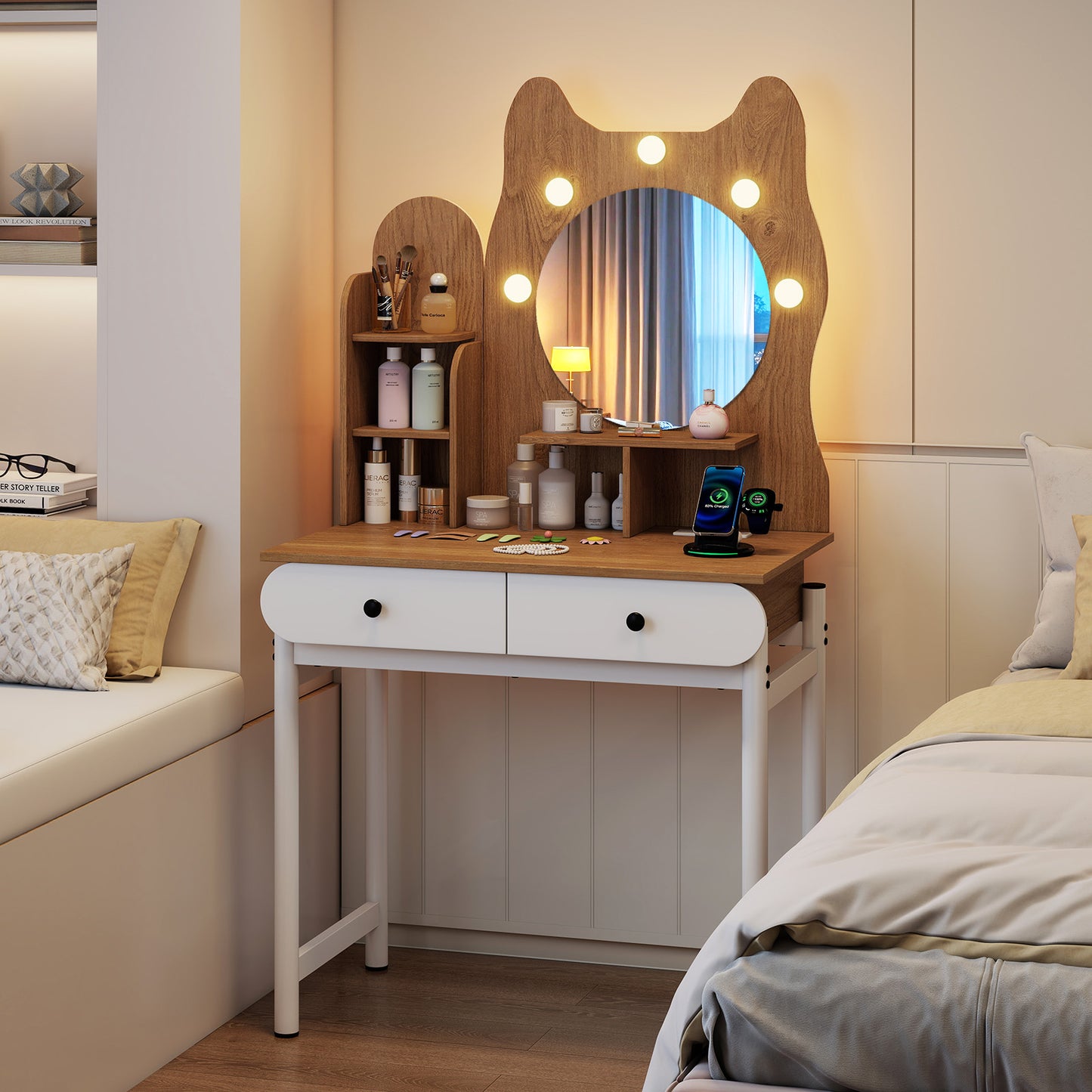 Vanity Desk with Lighted Mirror and Power Outlets
