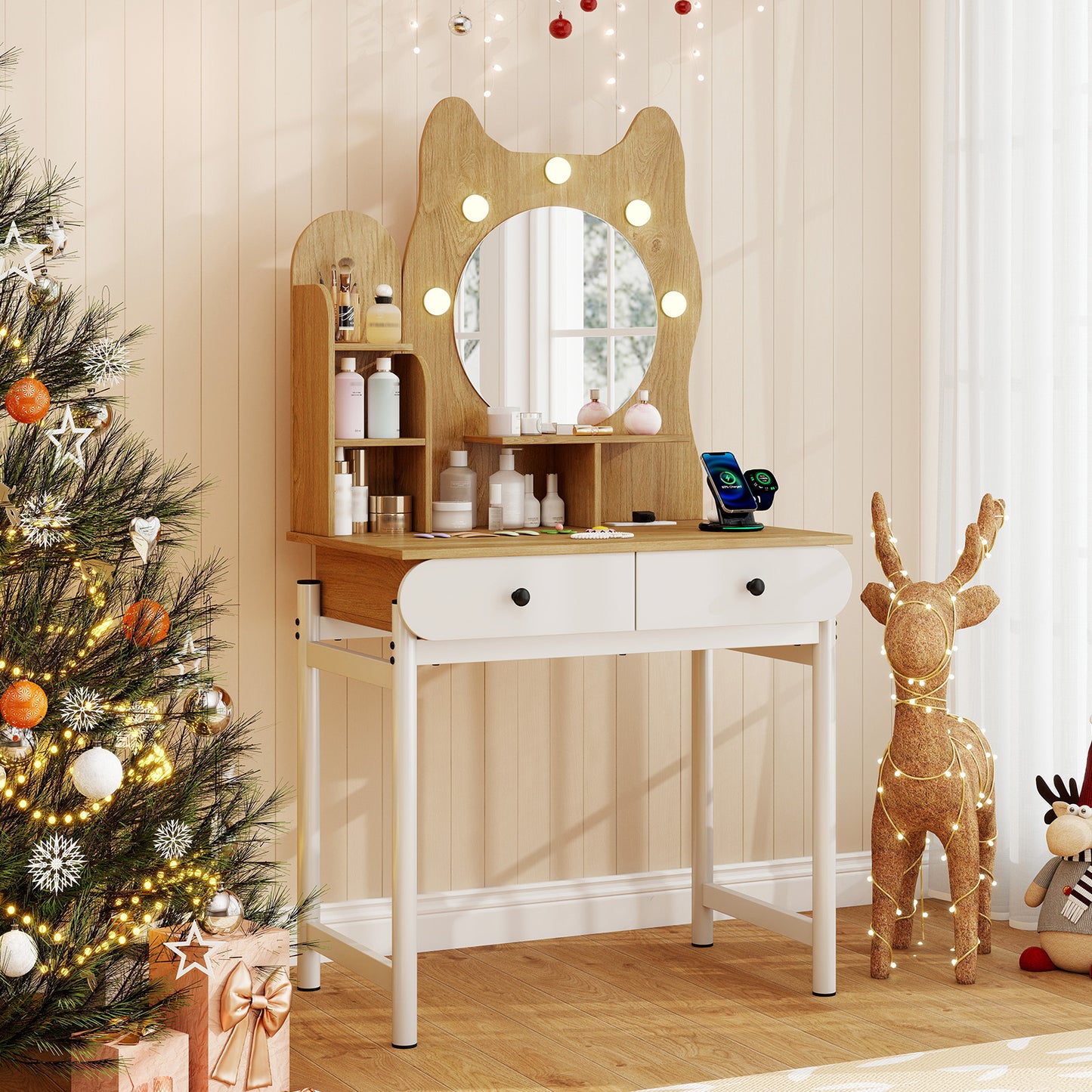 Vanity Desk with Lighted Mirror and Power Outlets