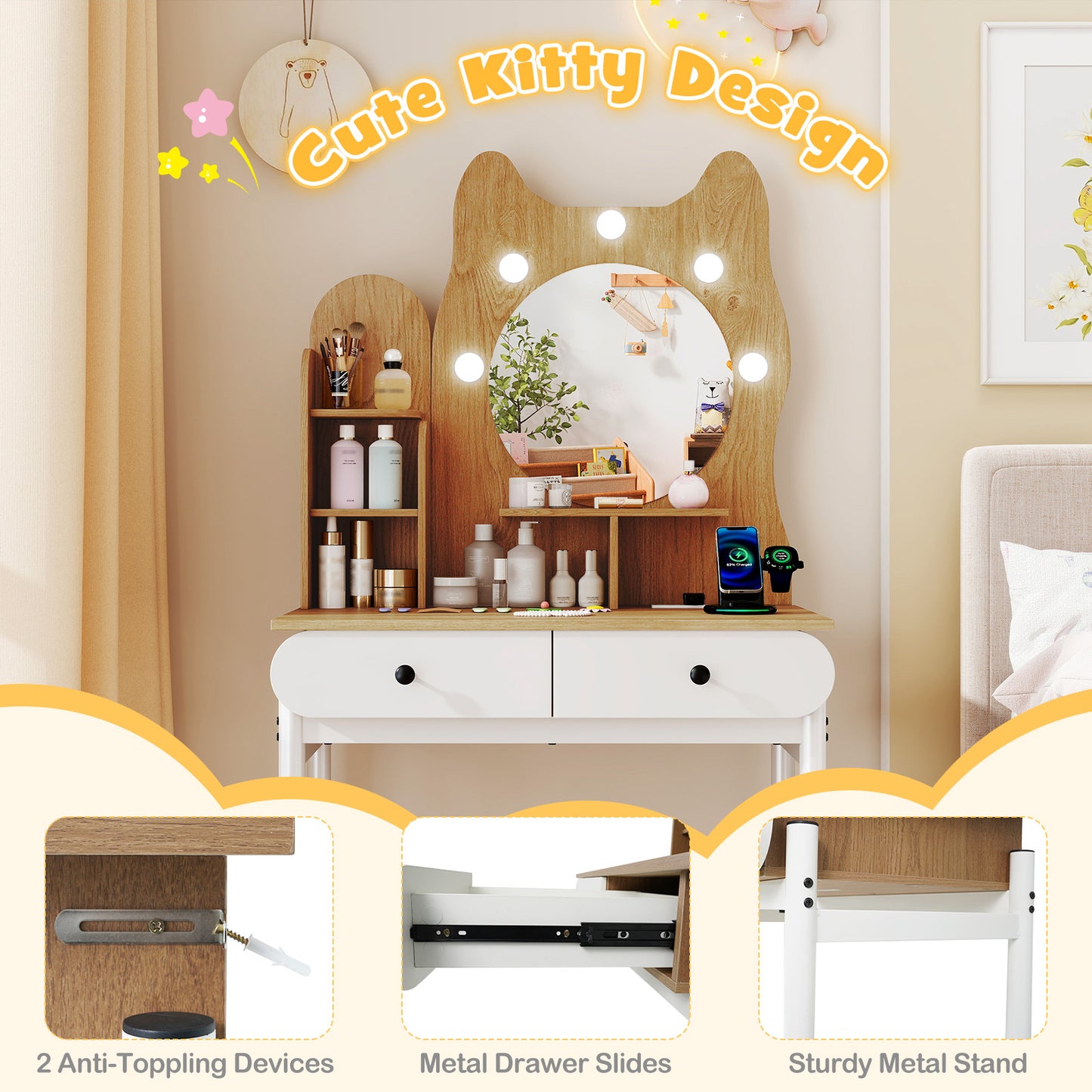 Vanity Desk with Lighted Mirror and Power Outlets