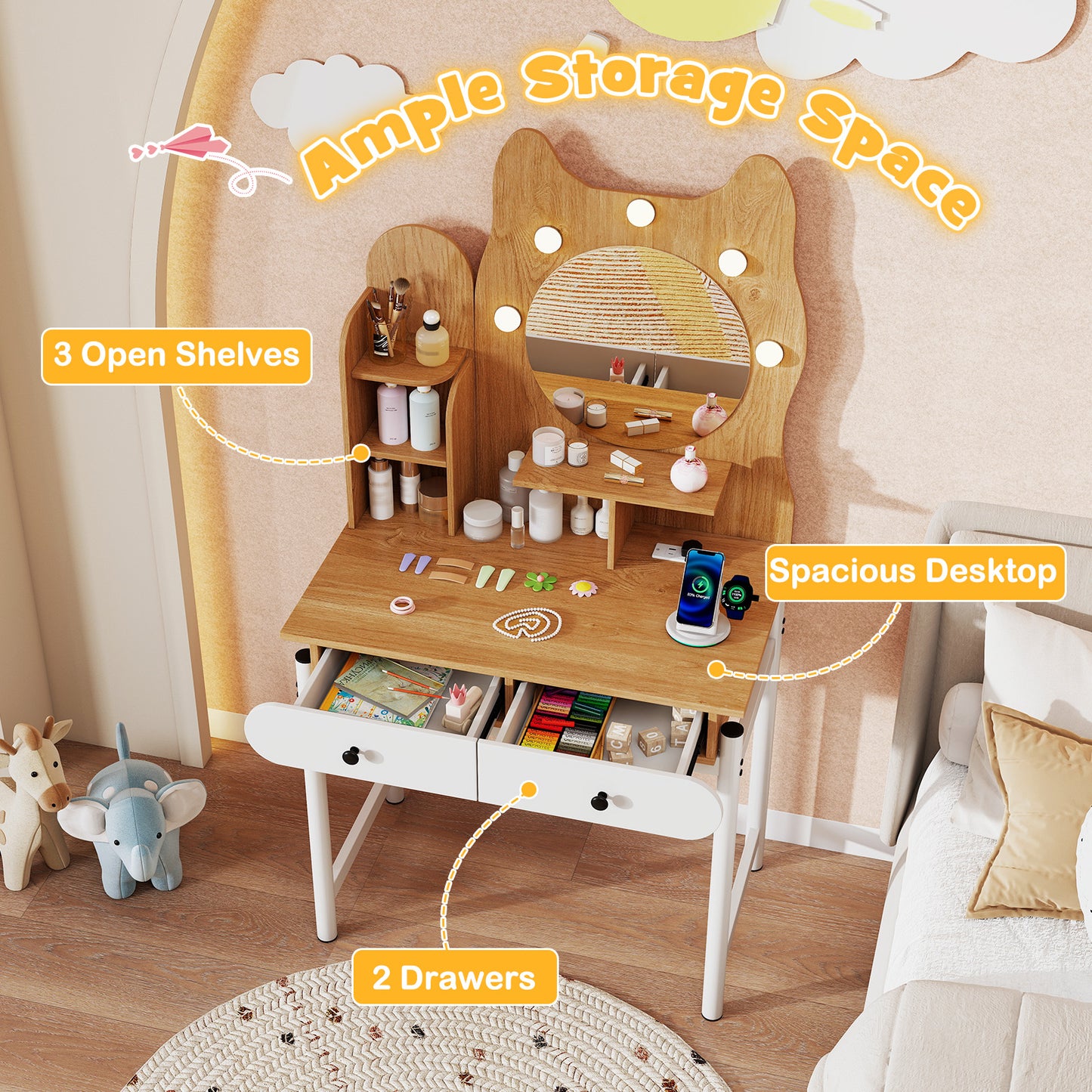 Vanity Desk with Lighted Mirror and Power Outlets