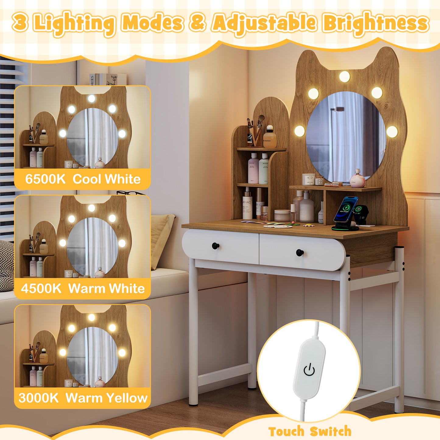 Vanity Desk with Lighted Mirror and Power Outlets