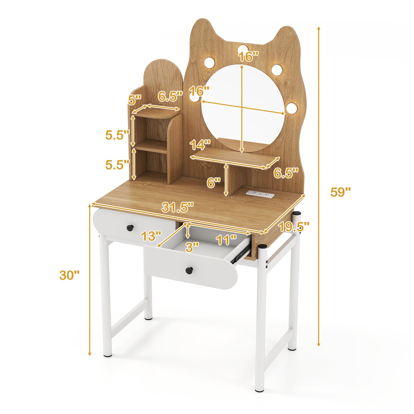 Vanity Desk with Lighted Mirror and Power Outlets