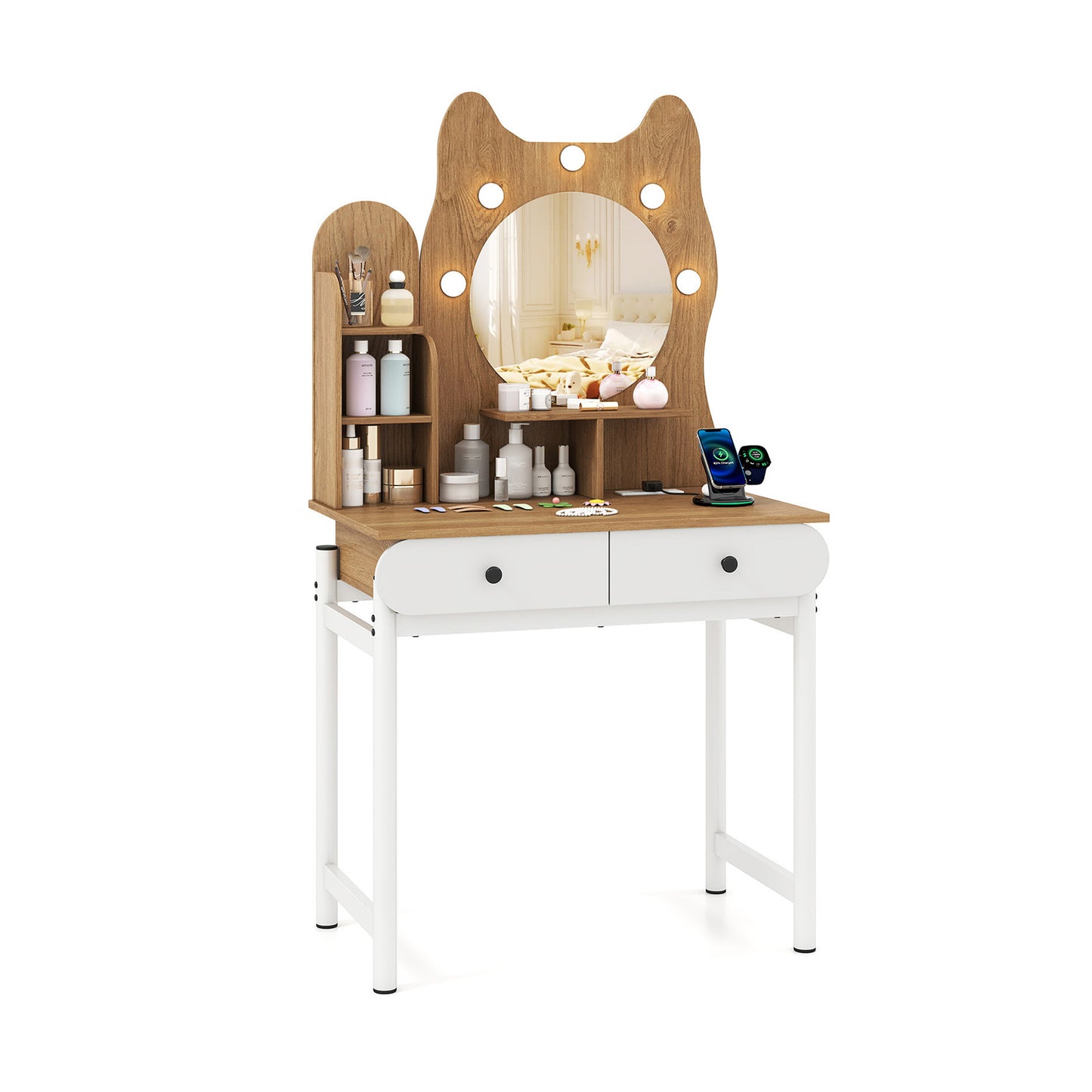 Vanity Desk with Lighted Mirror and Power Outlets