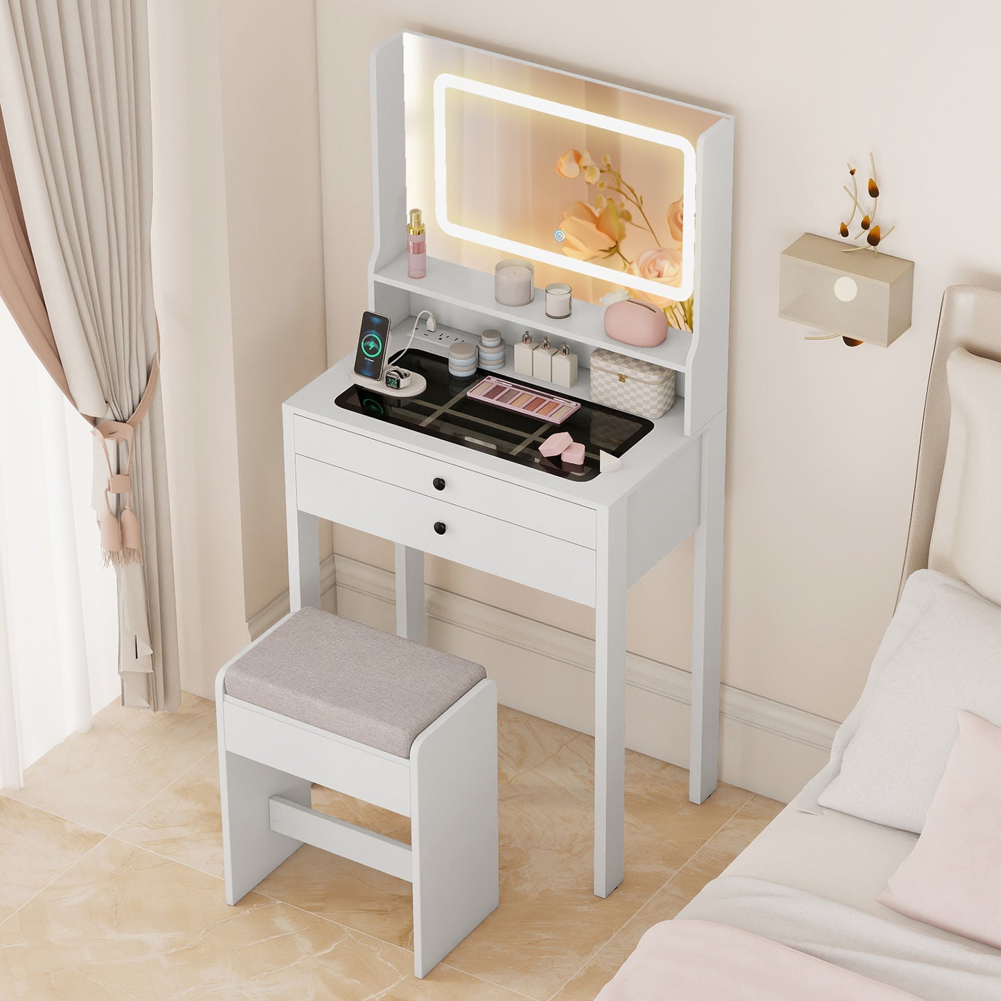 Vanity Desk with Lighted Mirror and Stool