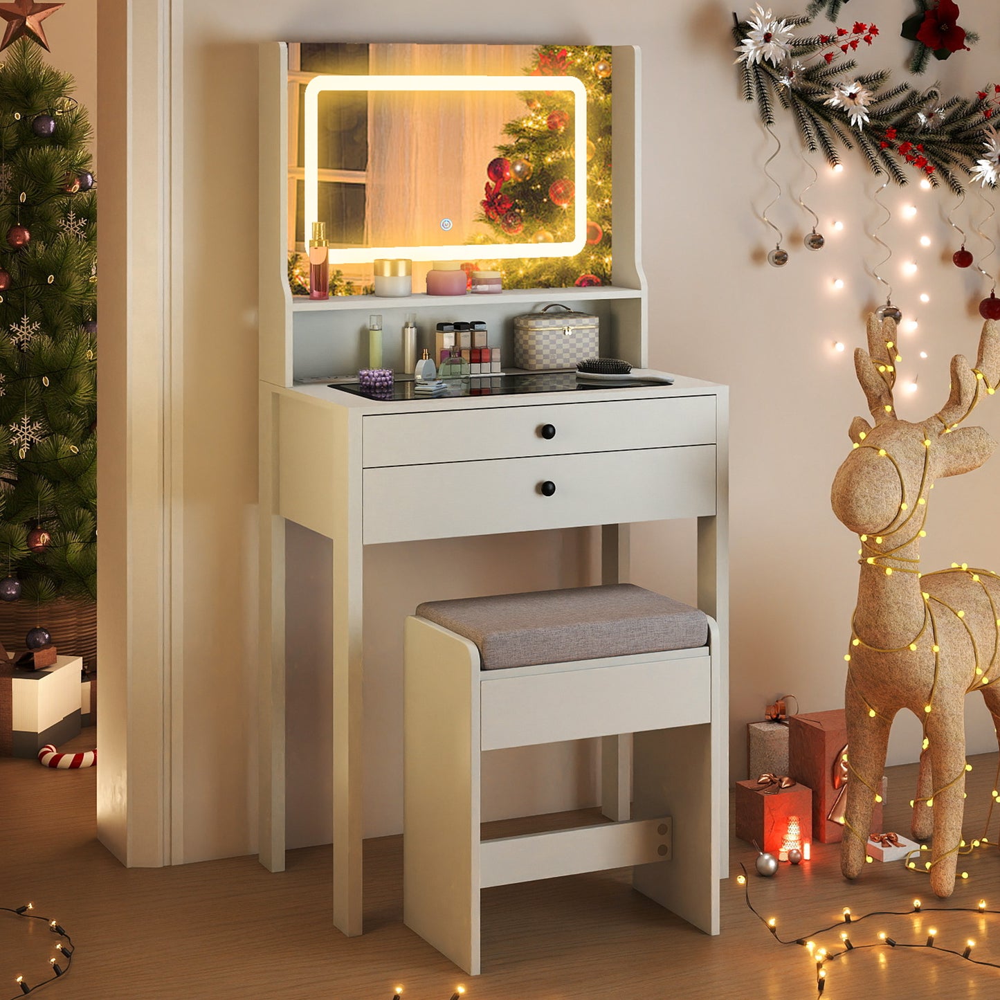 Vanity Desk with Lighted Mirror and Stool