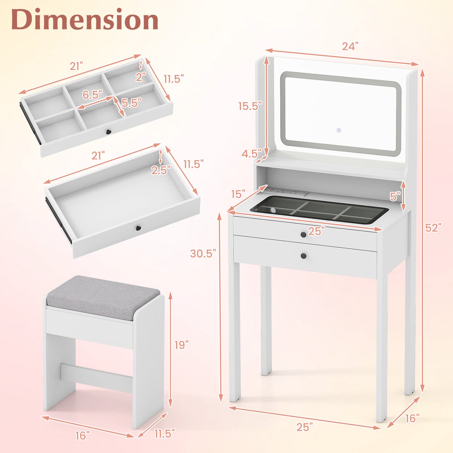Vanity Desk with Lighted Mirror and Stool