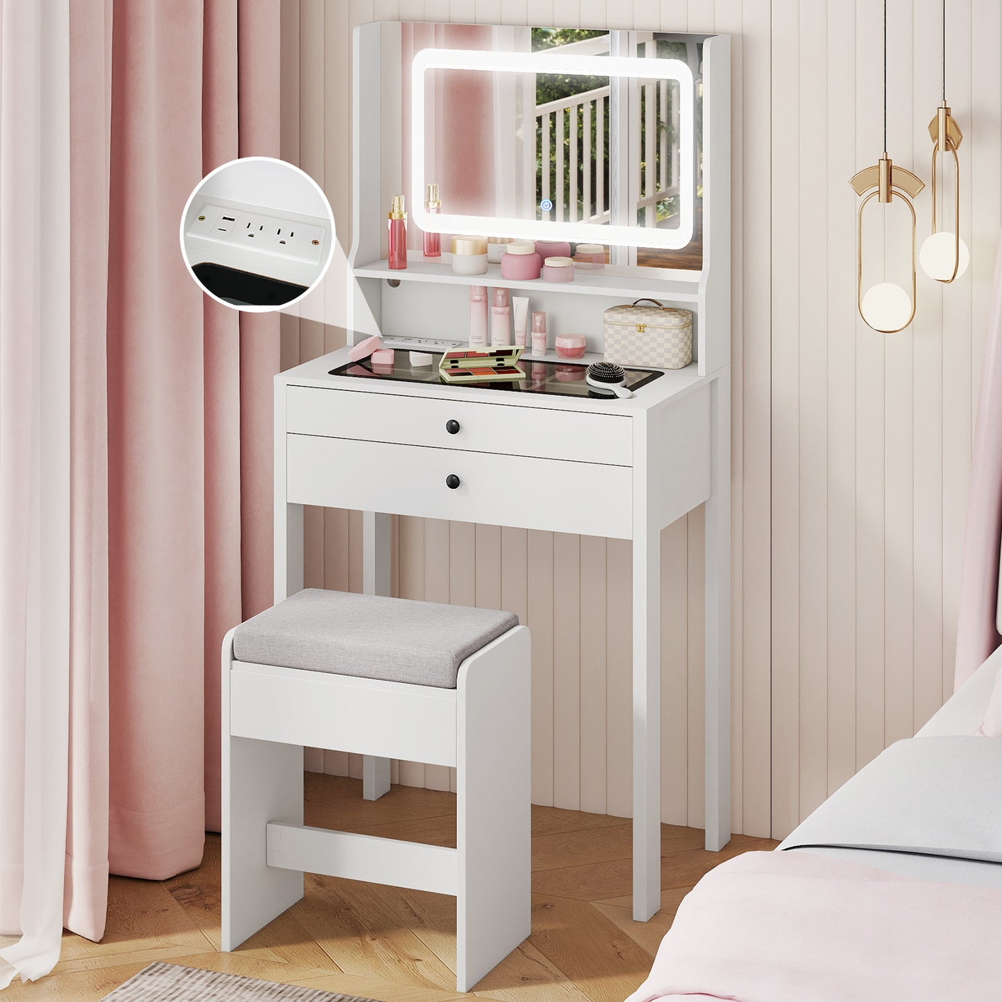 Vanity Desk with Lighted Mirror and Stool