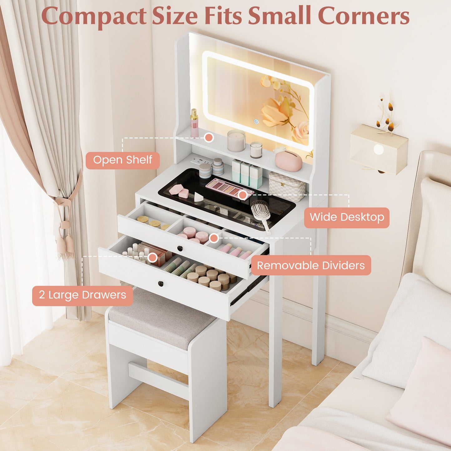 Vanity Desk with Lighted Mirror and Stool