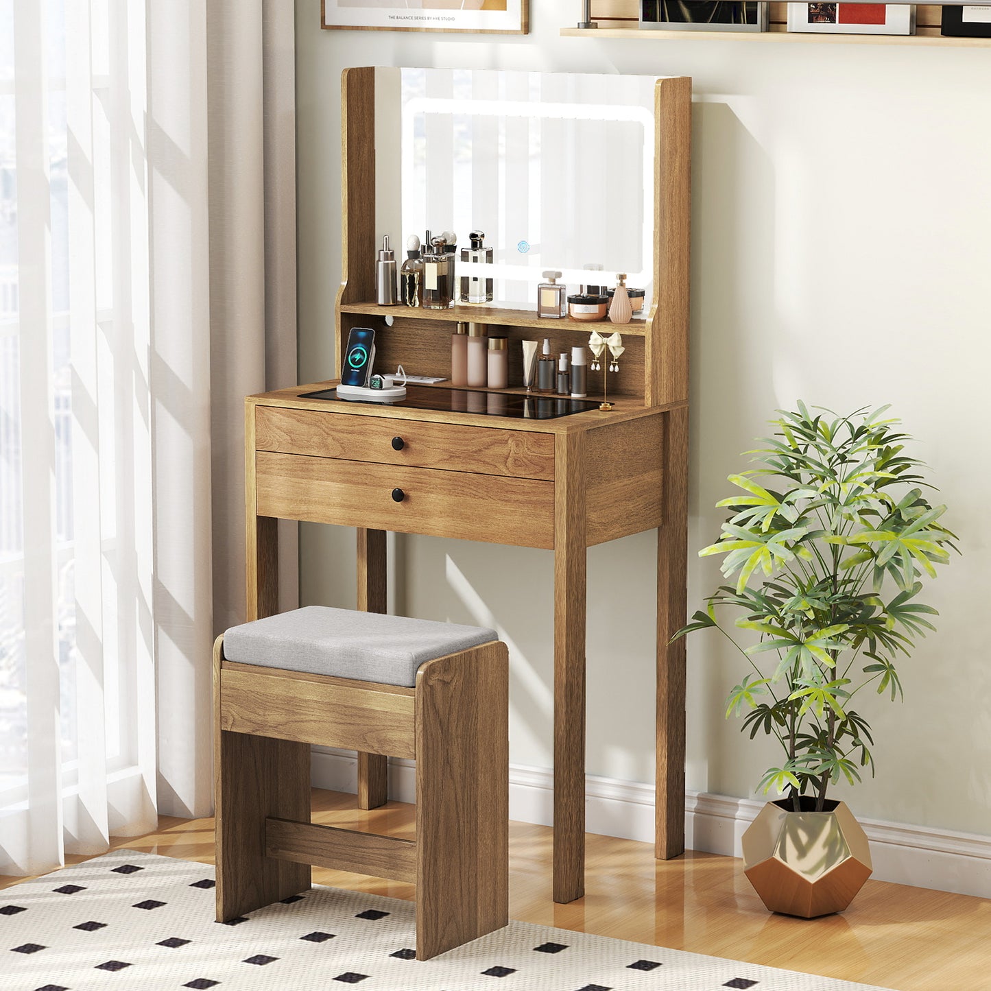 Vanity Desk with Lighted Mirror and Stool