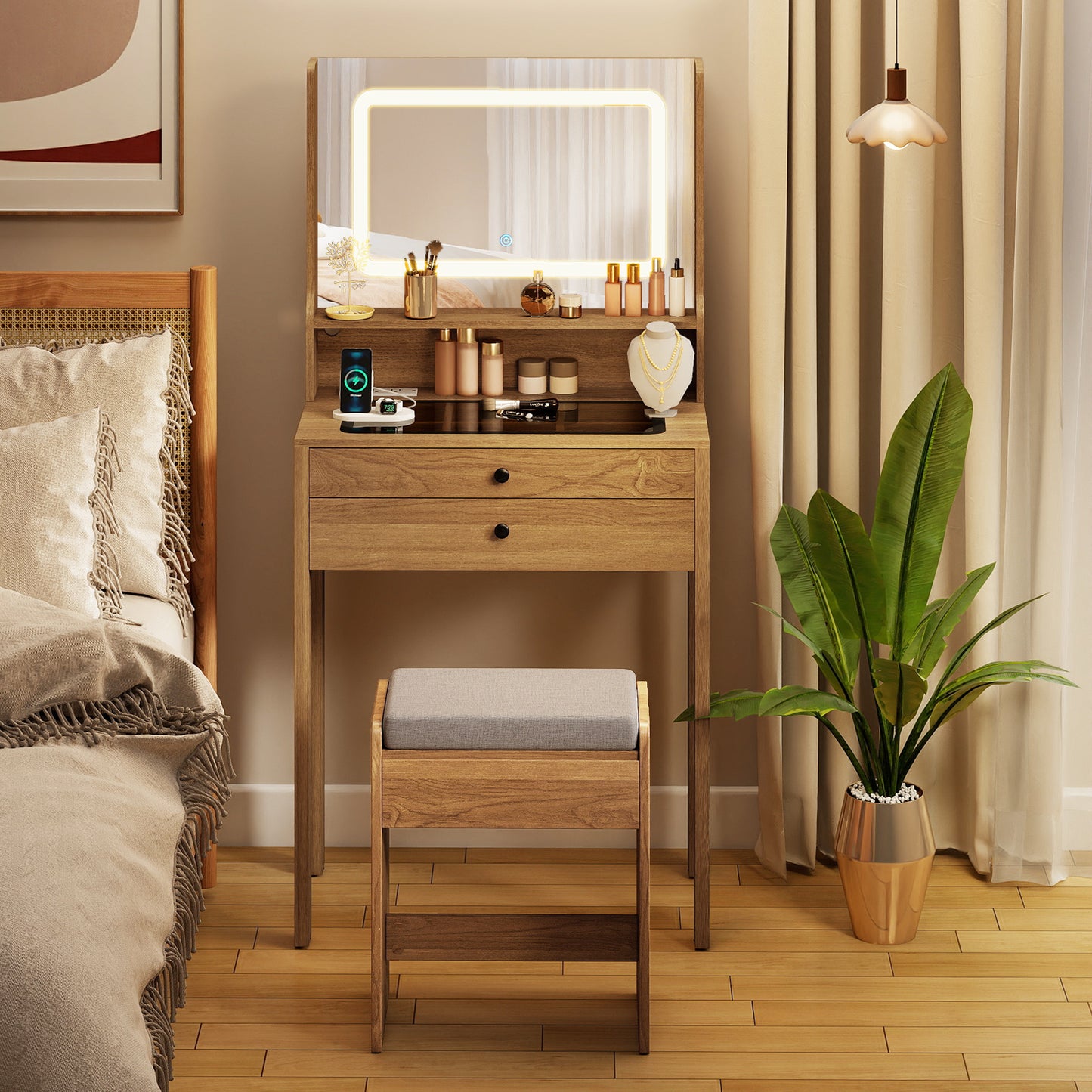 Vanity Desk with Lighted Mirror and Stool