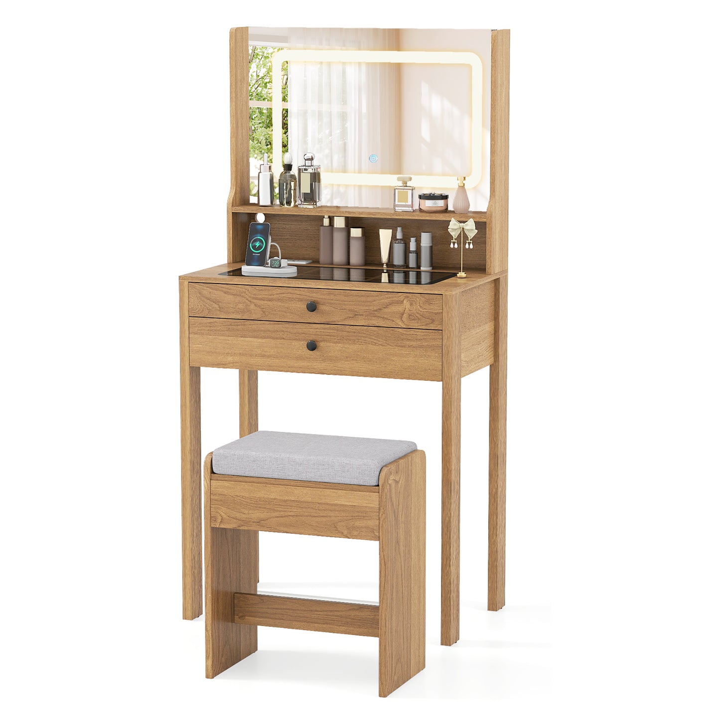 Vanity Desk with Lighted Mirror and Stool