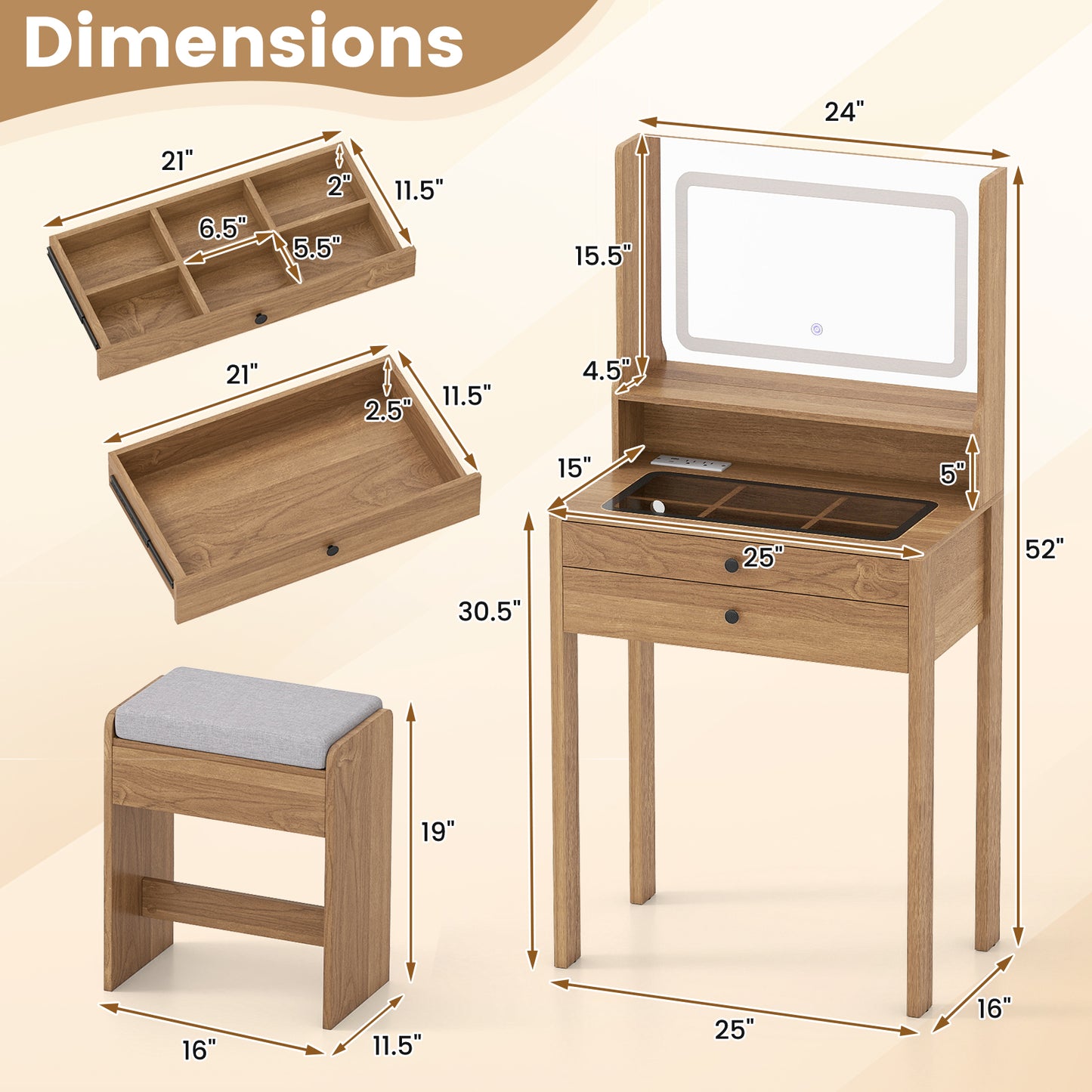 Vanity Desk with Lighted Mirror and Stool
