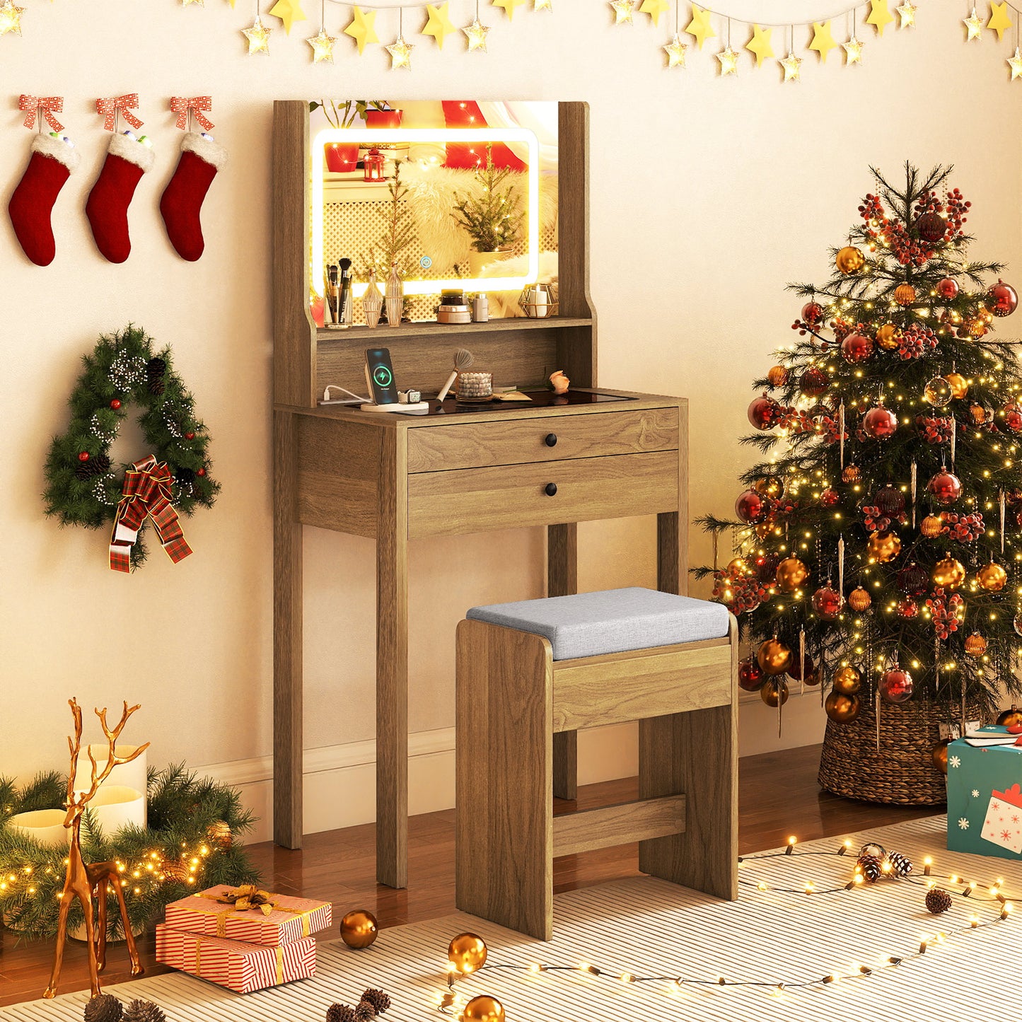 Vanity Desk with Lighted Mirror and Stool