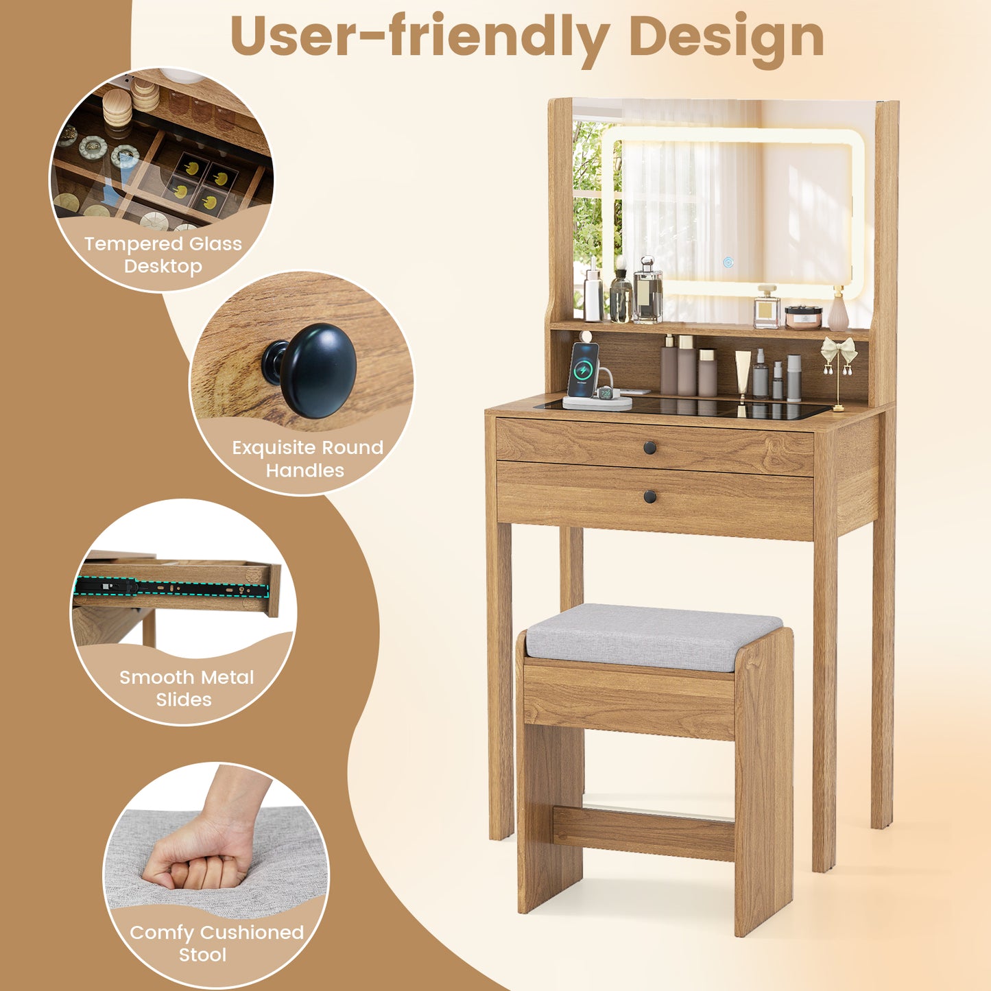 Vanity Desk with Lighted Mirror and Stool