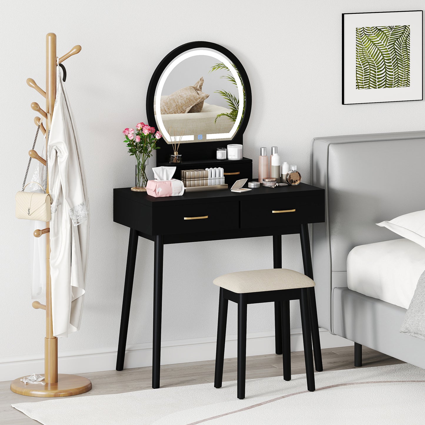 Vanity Table Set with LED Lighted Mirror and Cushioned Stool