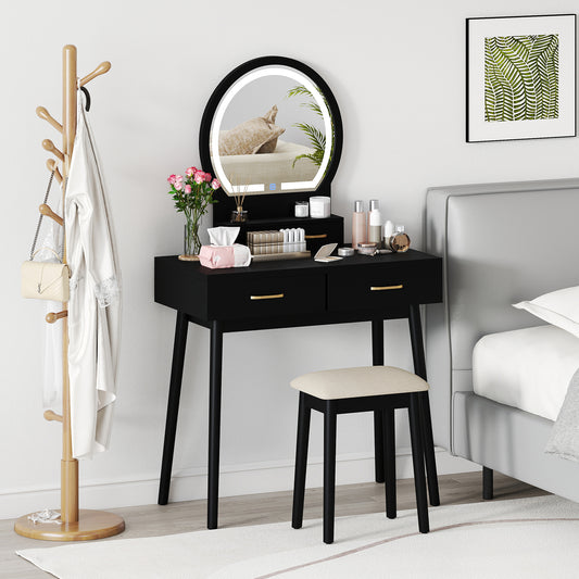 Vanity Table Set with LED Lighted Mirror and Cushioned Stool