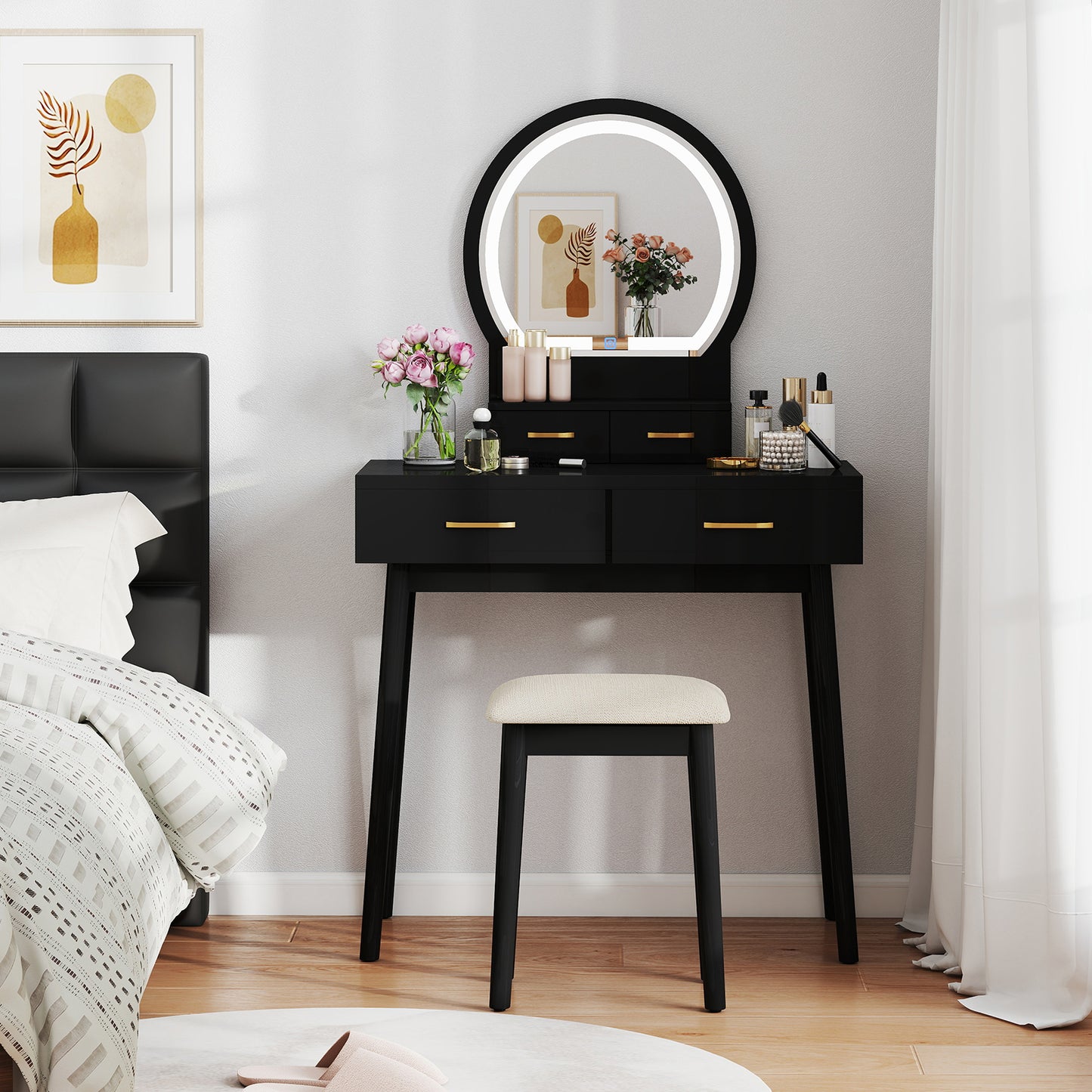 Vanity Table Set with LED Lighted Mirror and Cushioned Stool