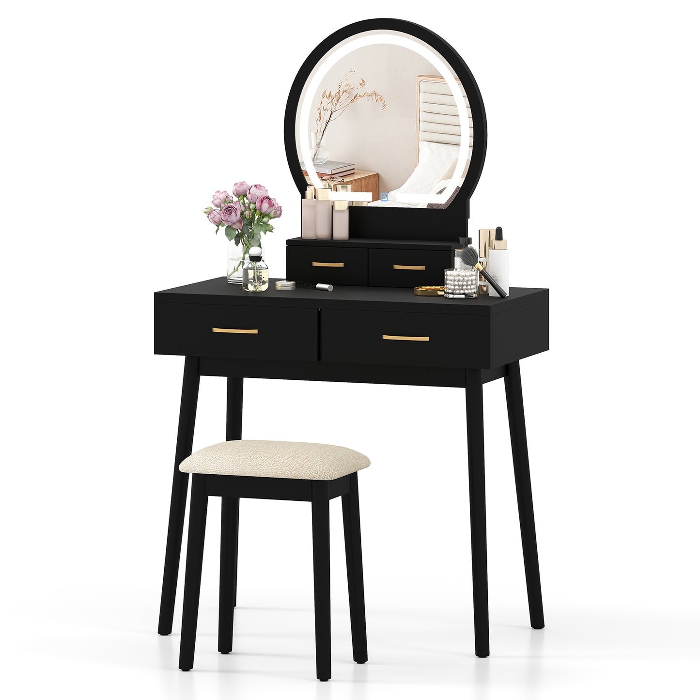 Vanity Table Set with LED Lighted Mirror and Cushioned Stool