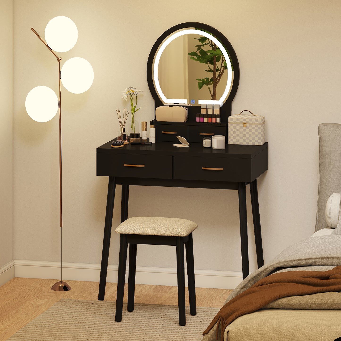 Vanity Table Set with LED Lighted Mirror and Cushioned Stool