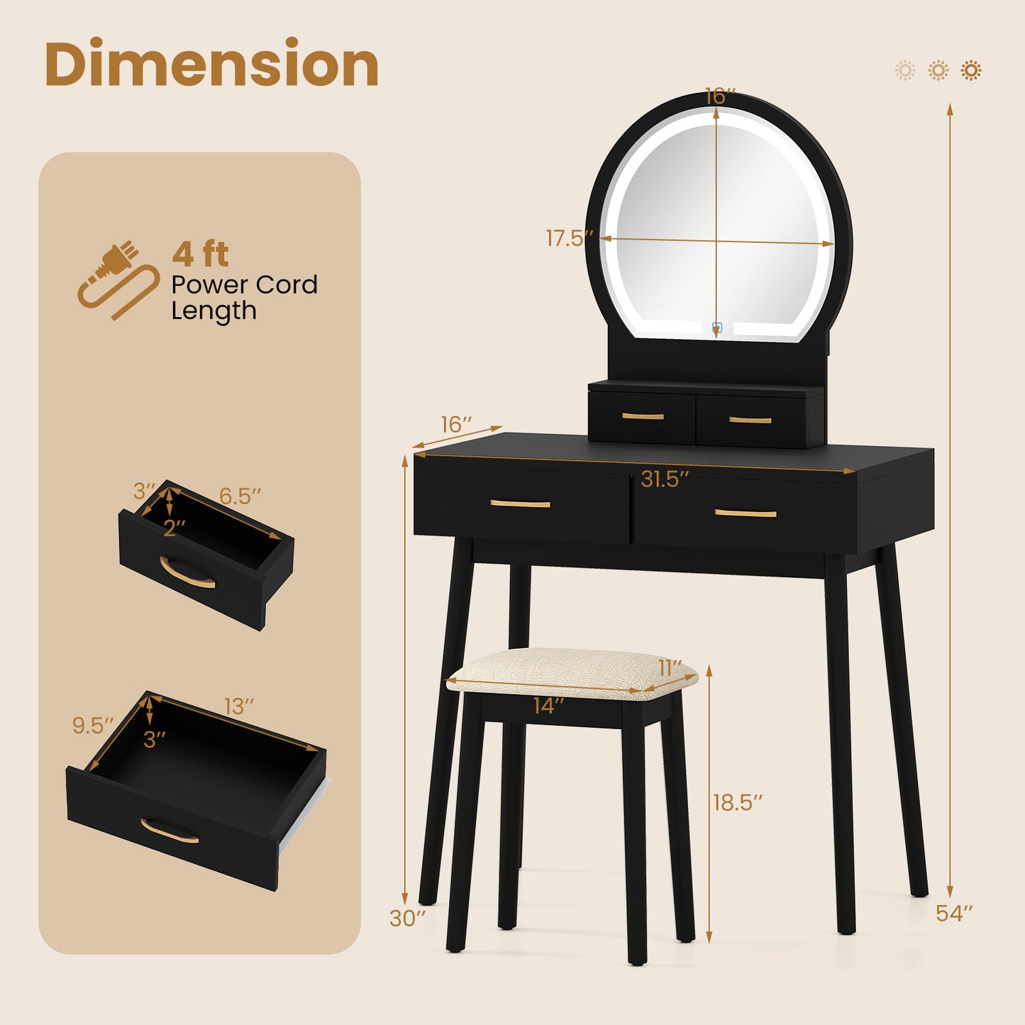 Vanity Table Set with LED Lighted Mirror and Cushioned Stool