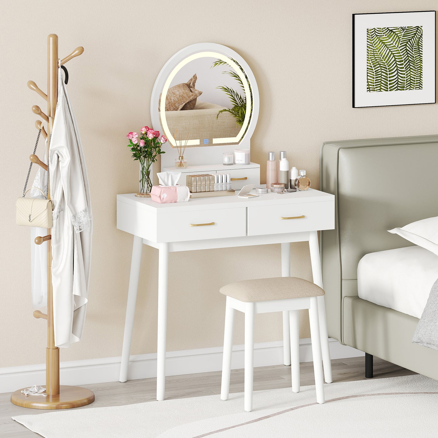 Vanity Table Set with LED Lighted Mirror and Cushioned Stool