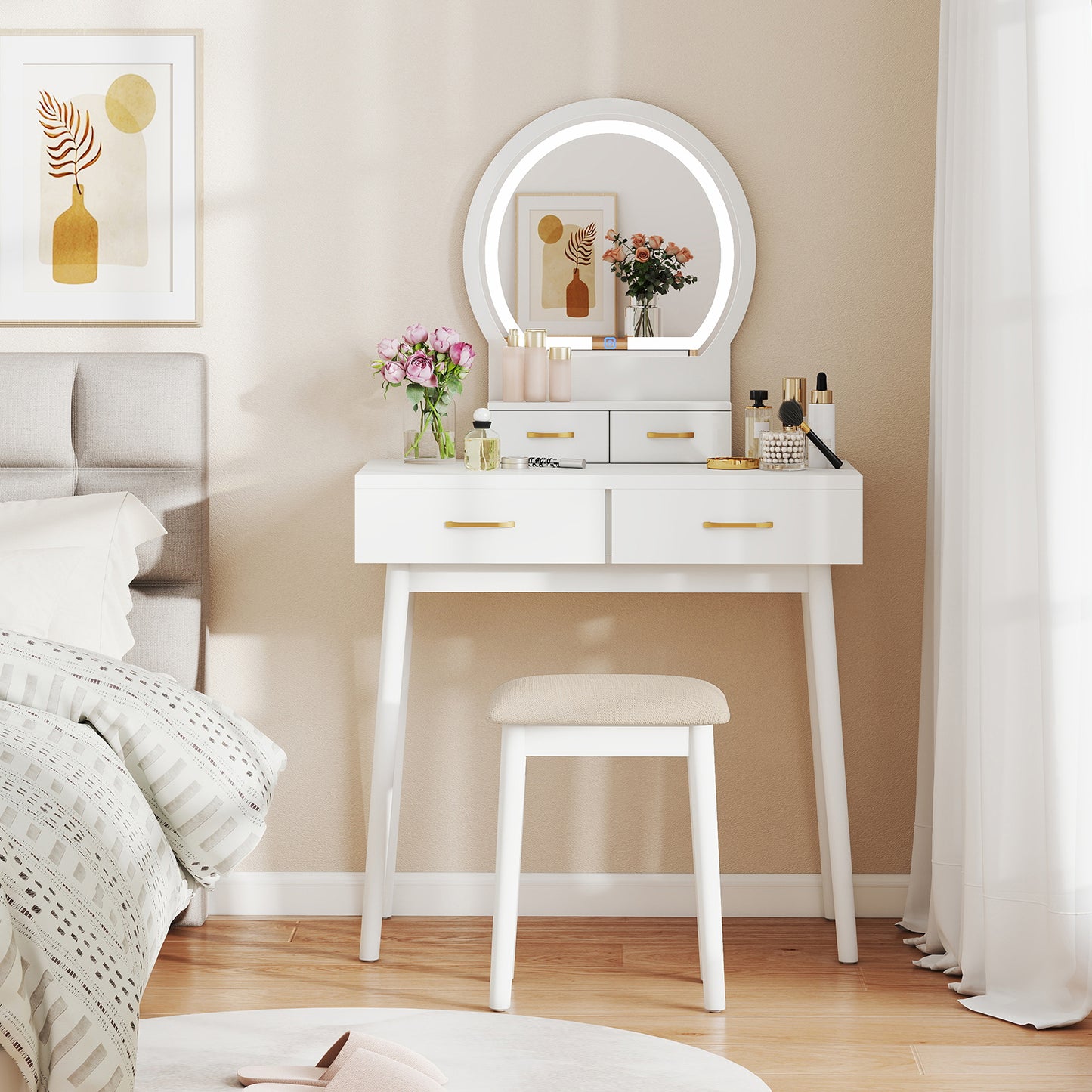 Vanity Table Set with LED Lighted Mirror and Cushioned Stool