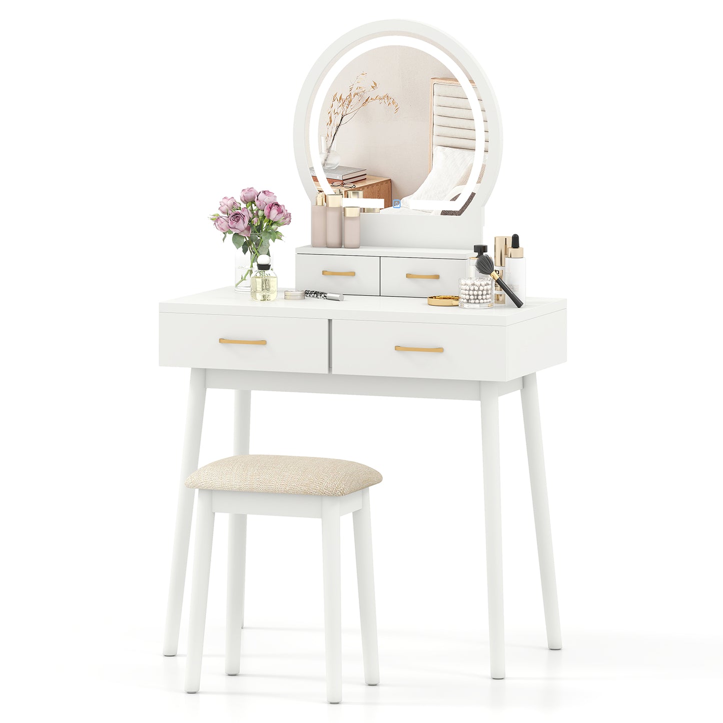 Vanity Table Set with LED Lighted Mirror and Cushioned Stool