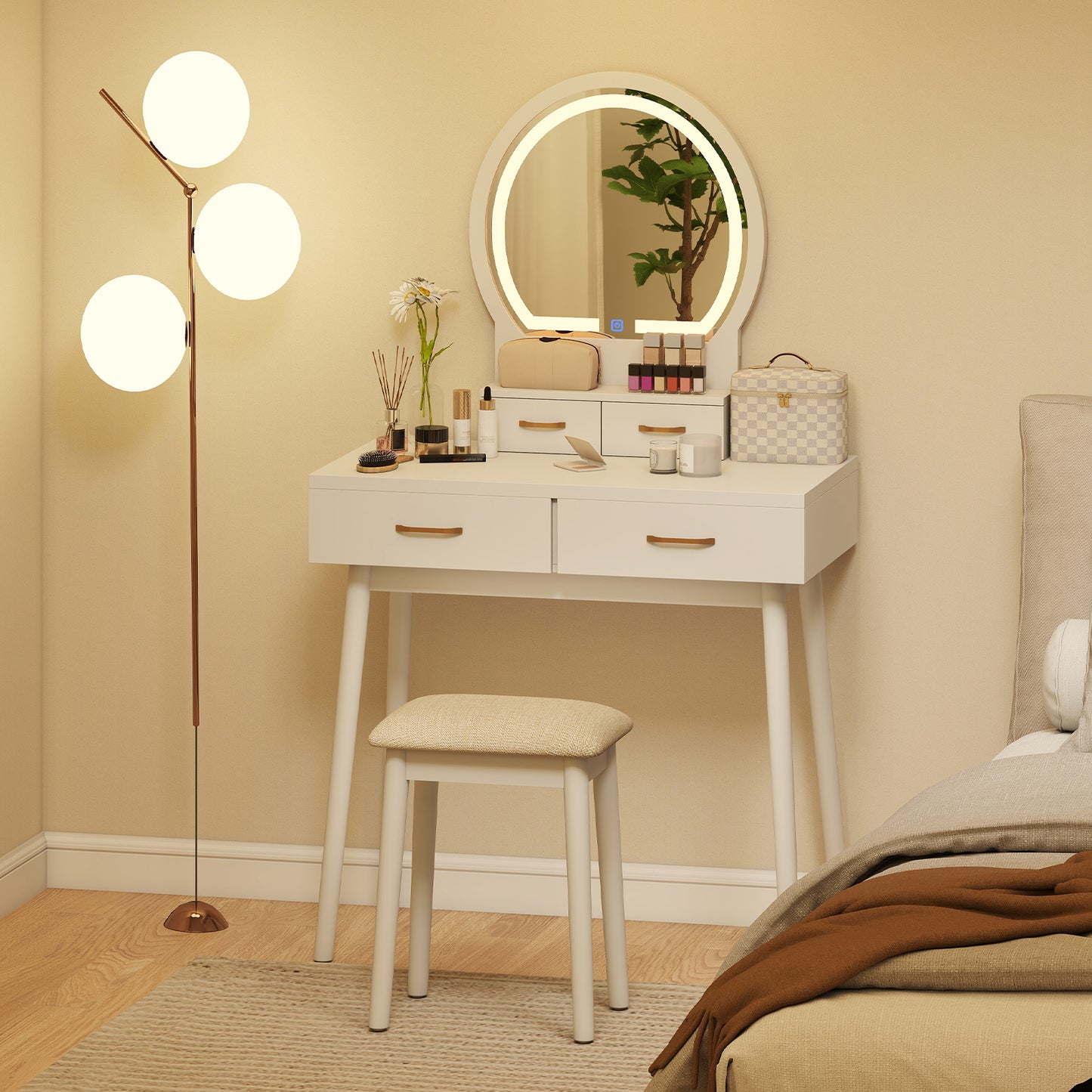 Vanity Table Set with LED Lighted Mirror and Cushioned Stool