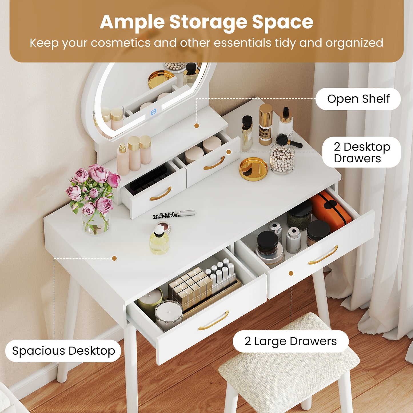 Vanity Table Set with LED Lighted Mirror and Cushioned Stool