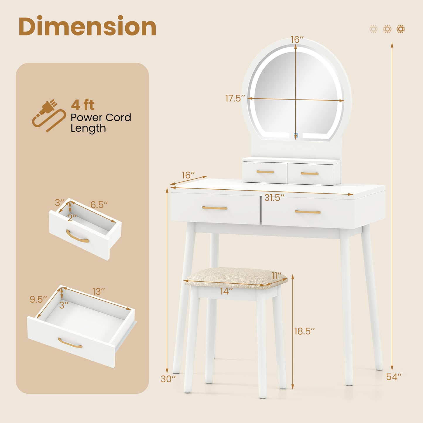 Vanity Table Set with LED Lighted Mirror and Cushioned Stool