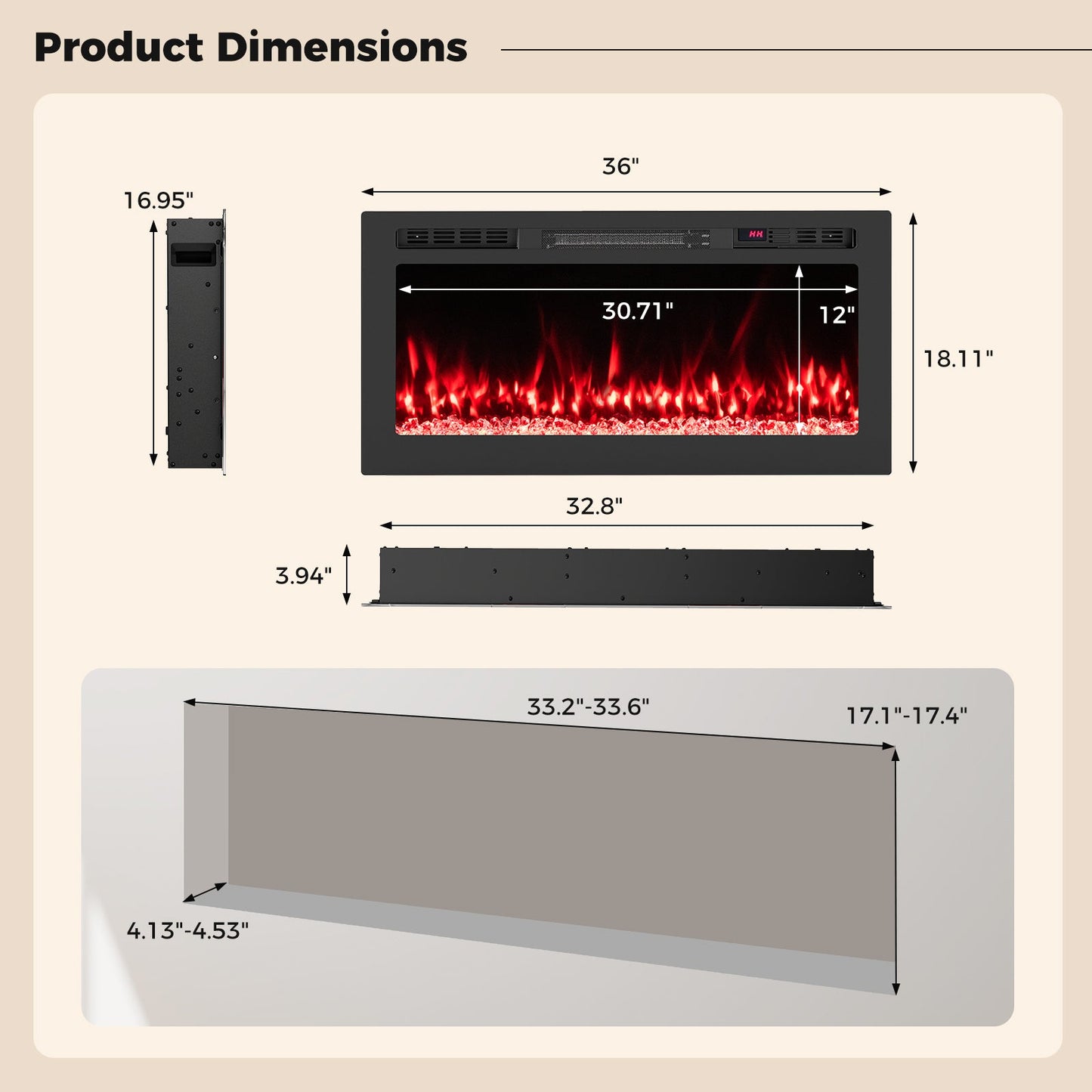 Smart WiFi Electric Fireplace Wall Mounted & Recessed 750W/1500W Heater