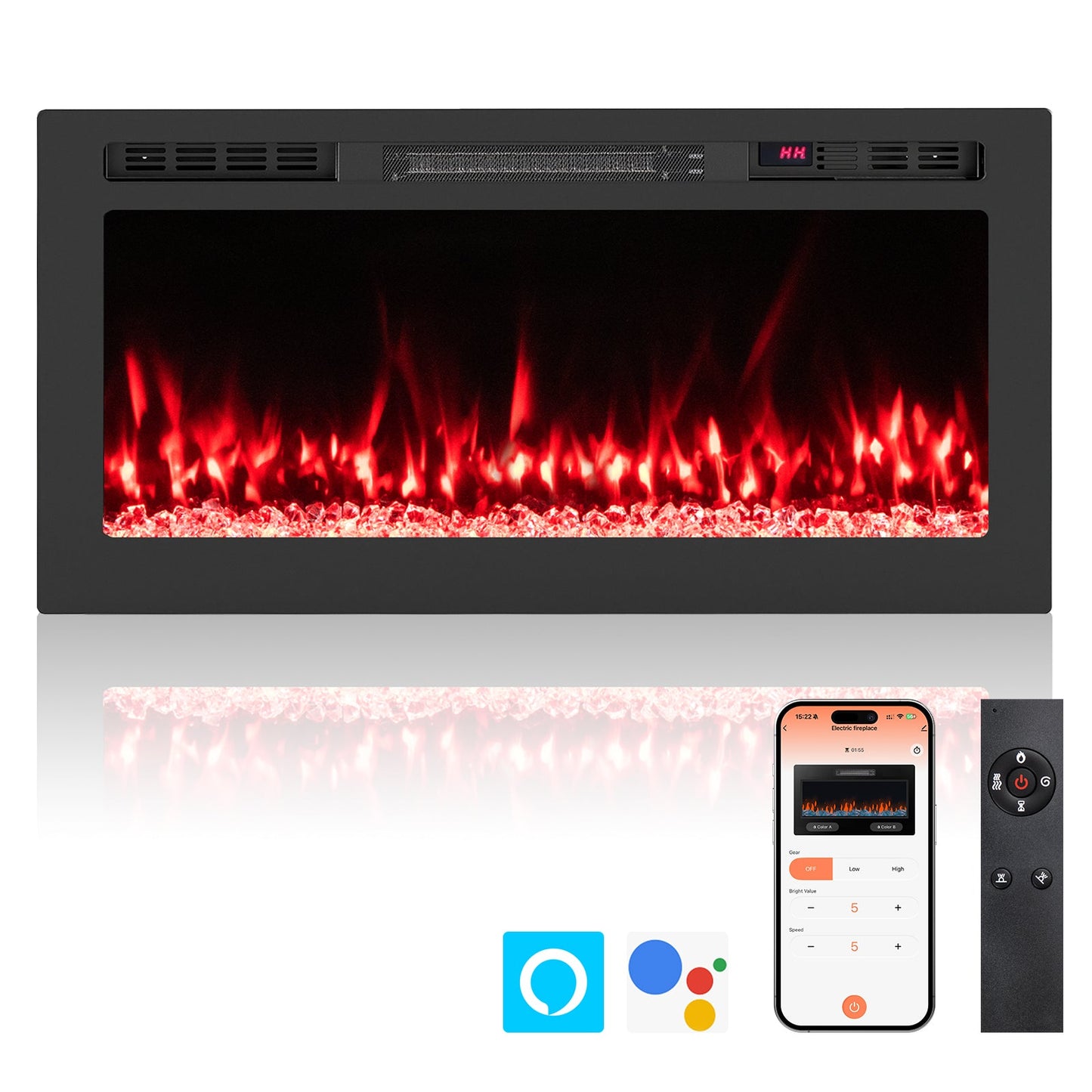 Smart WiFi Electric Fireplace Wall Mounted & Recessed 750W/1500W Heater