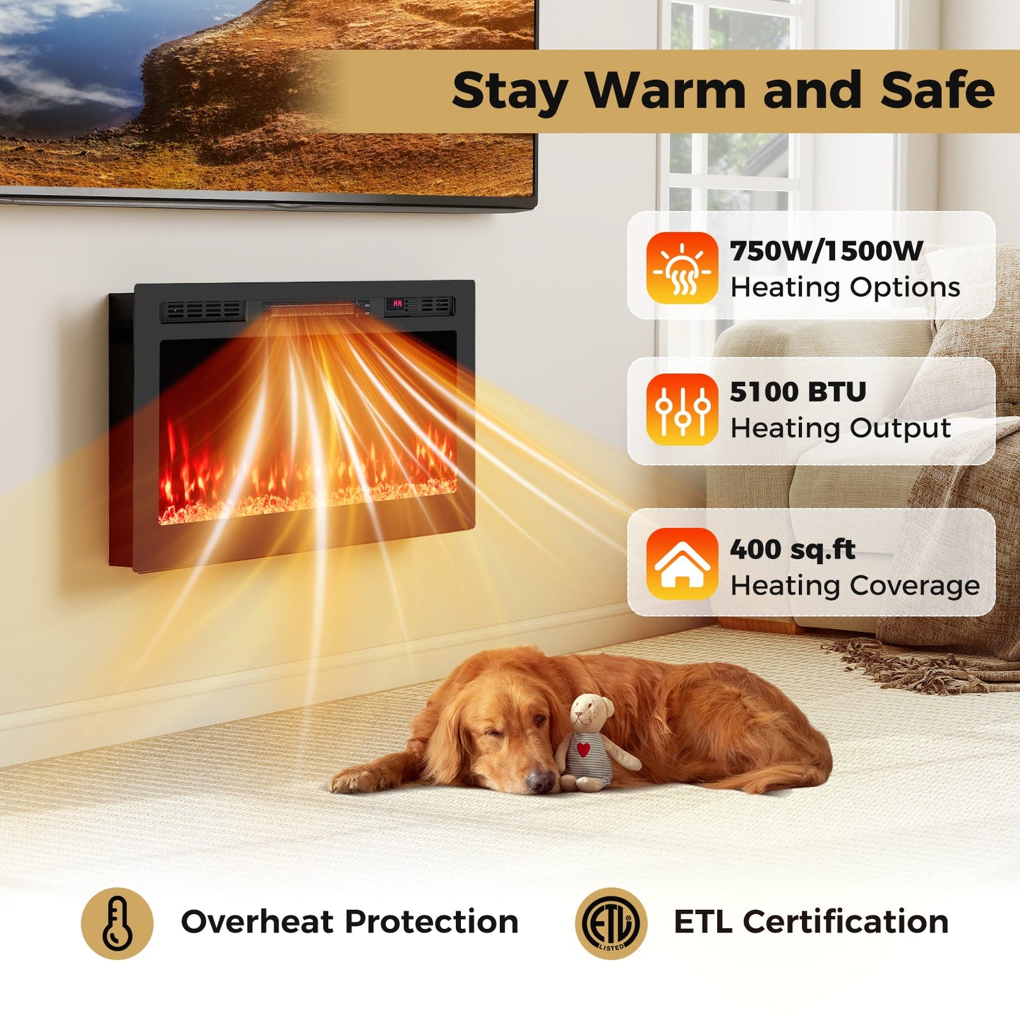 Smart WiFi Electric Fireplace Wall Mounted & Recessed 750W/1500W Heater