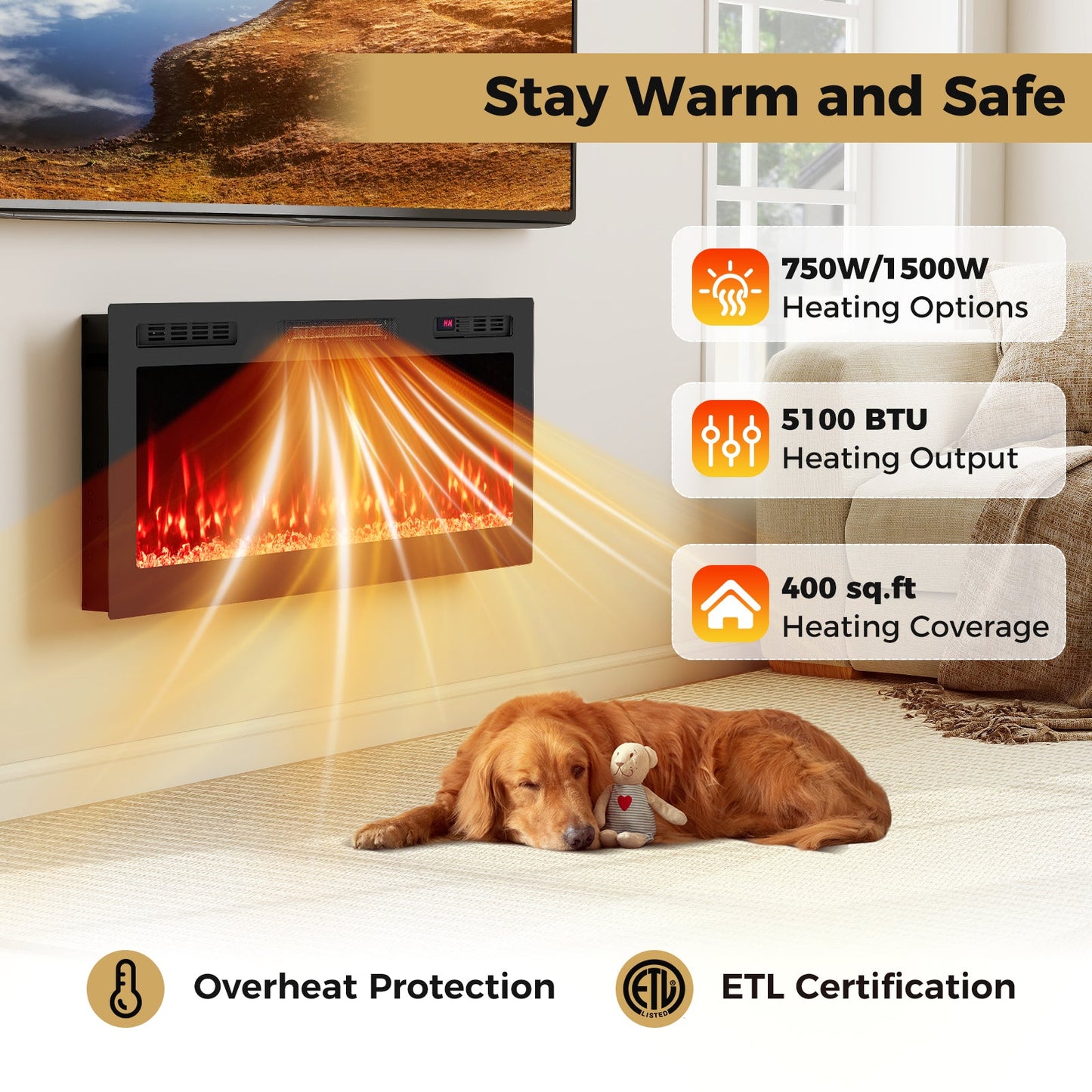 Smart WiFi Electric Fireplace Wall Mounted & Recessed 750W/1500W Heater