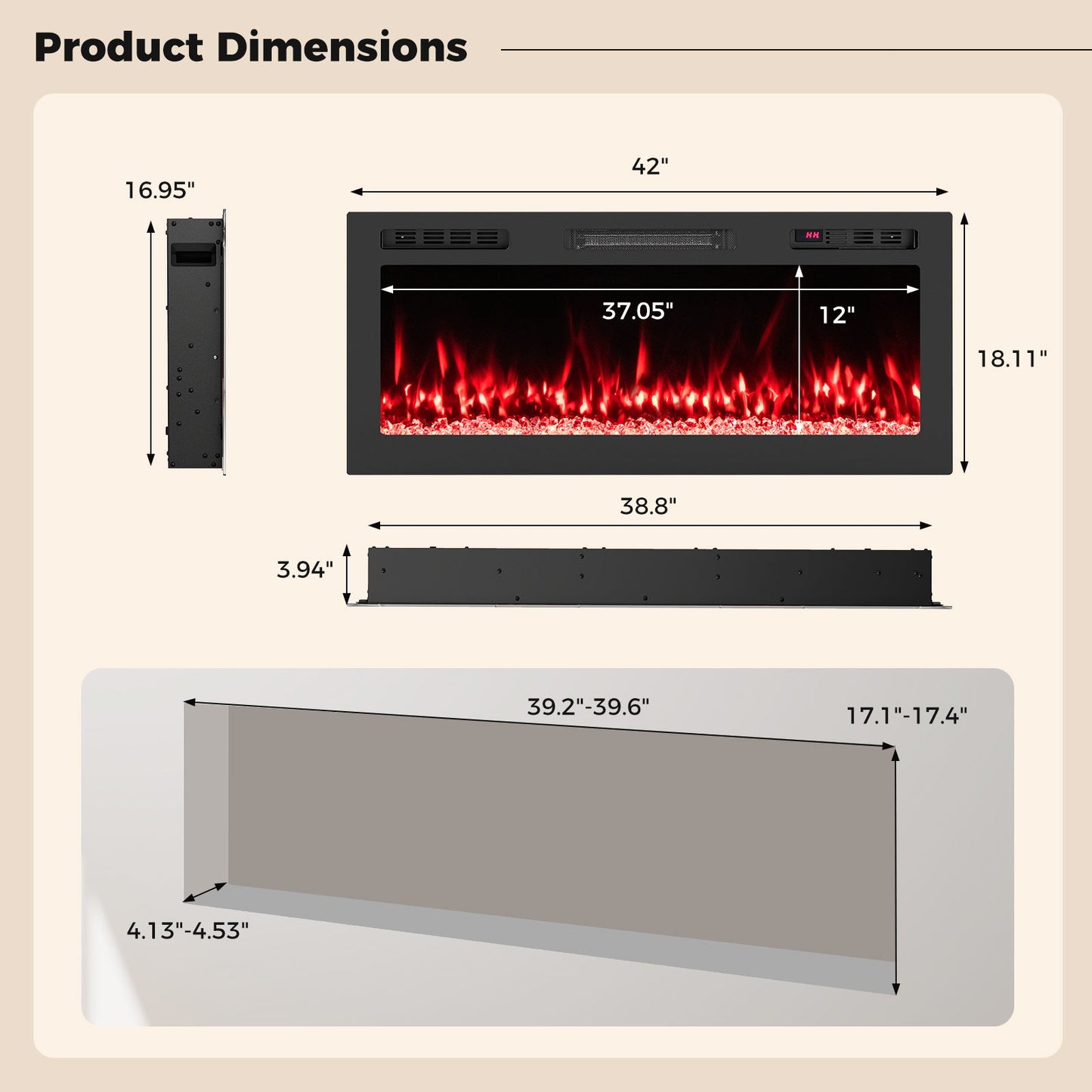 Smart WiFi Electric Fireplace Wall Mounted & Recessed 750W/1500W Heater