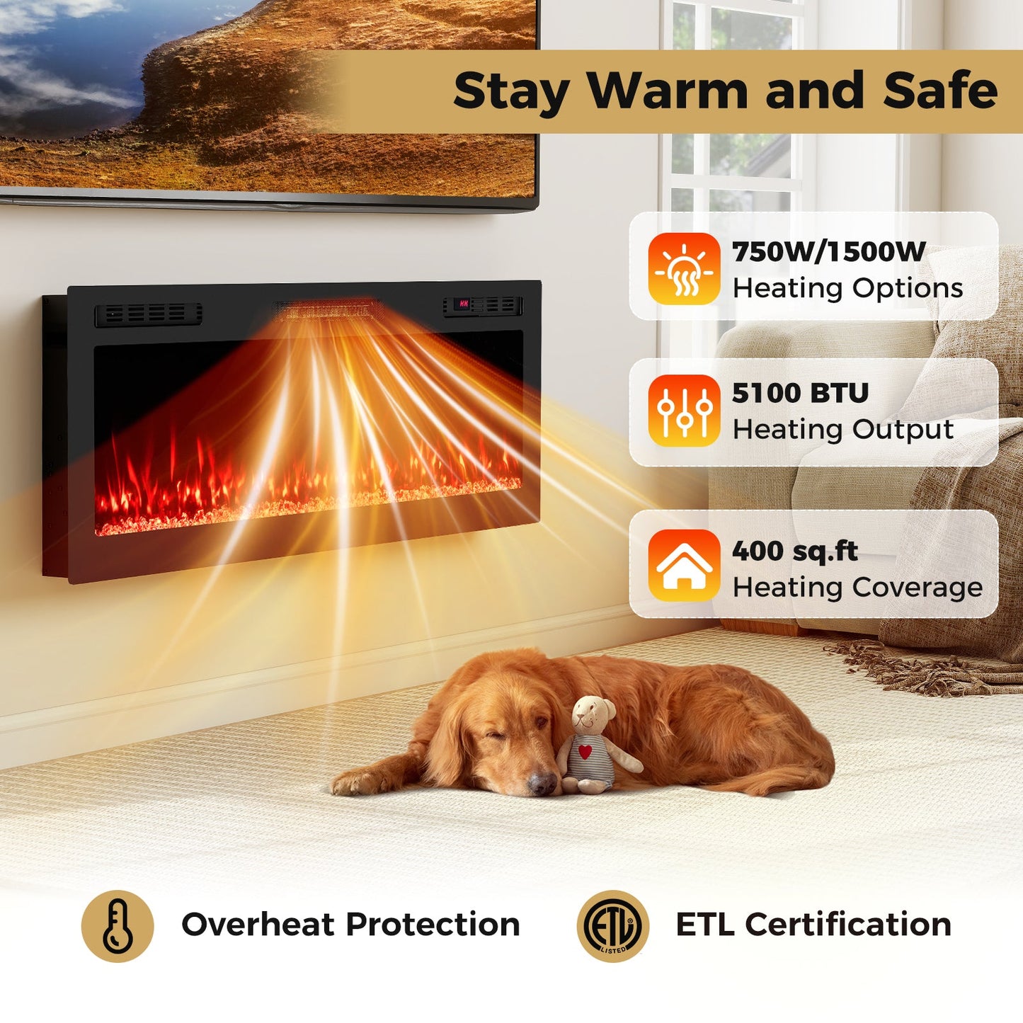 Smart WiFi Electric Fireplace Wall Mounted & Recessed 750W/1500W Heater