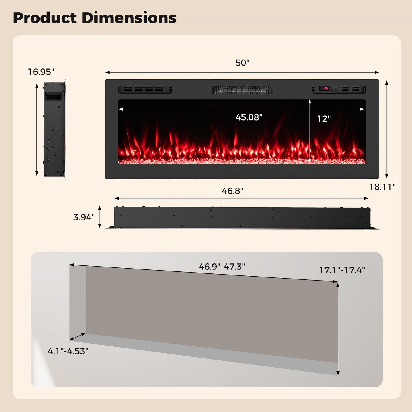 Smart WiFi Electric Fireplace Wall Mounted & Recessed 750W/1500W Heater