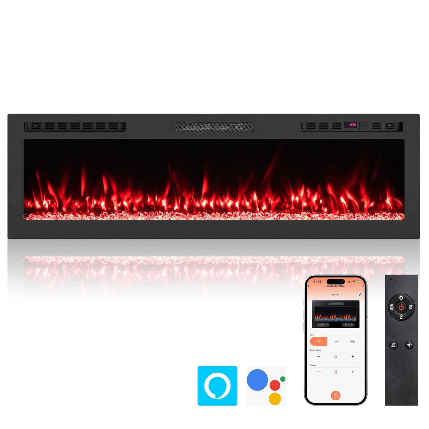 Smart WiFi Electric Fireplace Wall Mounted & Recessed 750W/1500W Heater