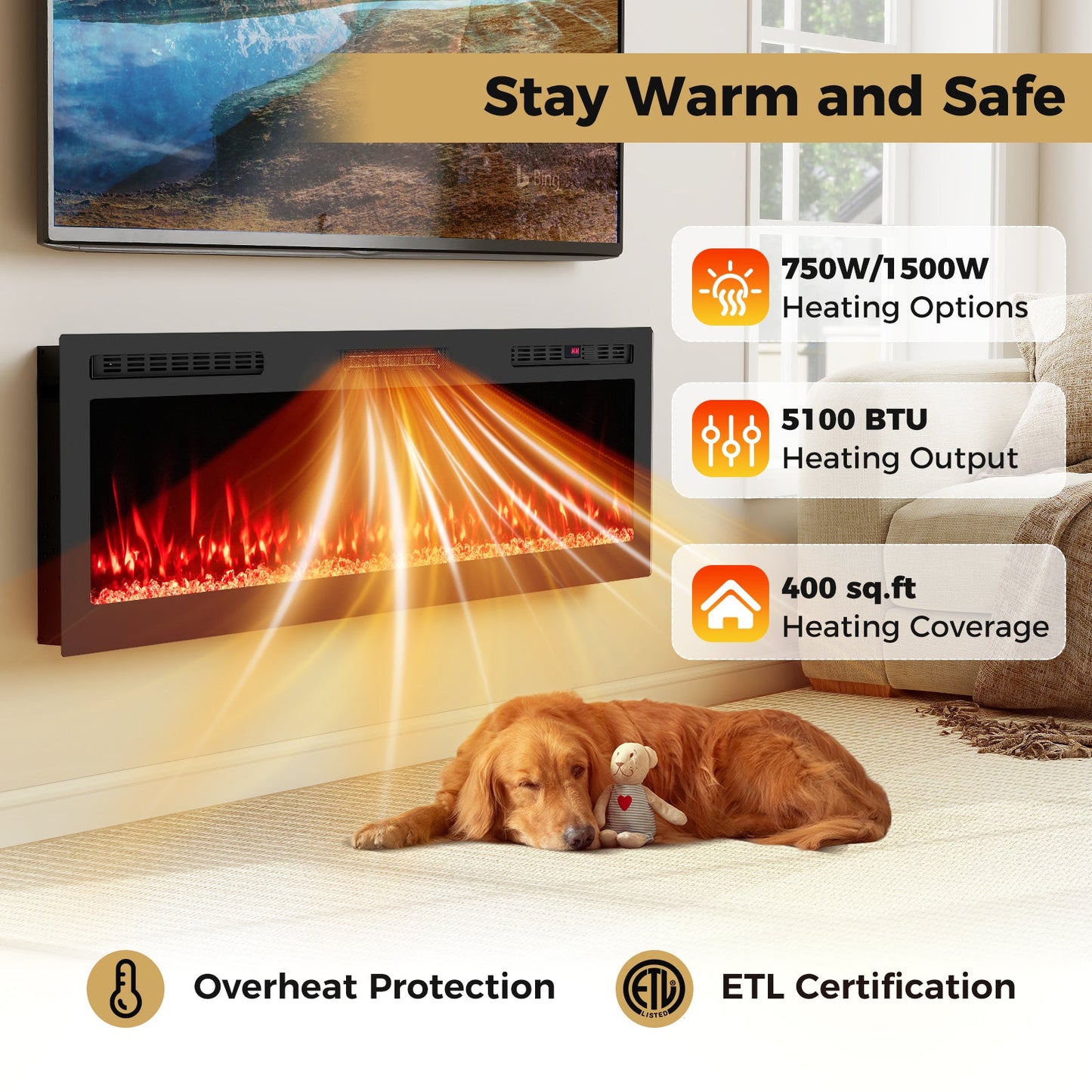Smart WiFi Electric Fireplace Wall Mounted & Recessed 750W/1500W Heater